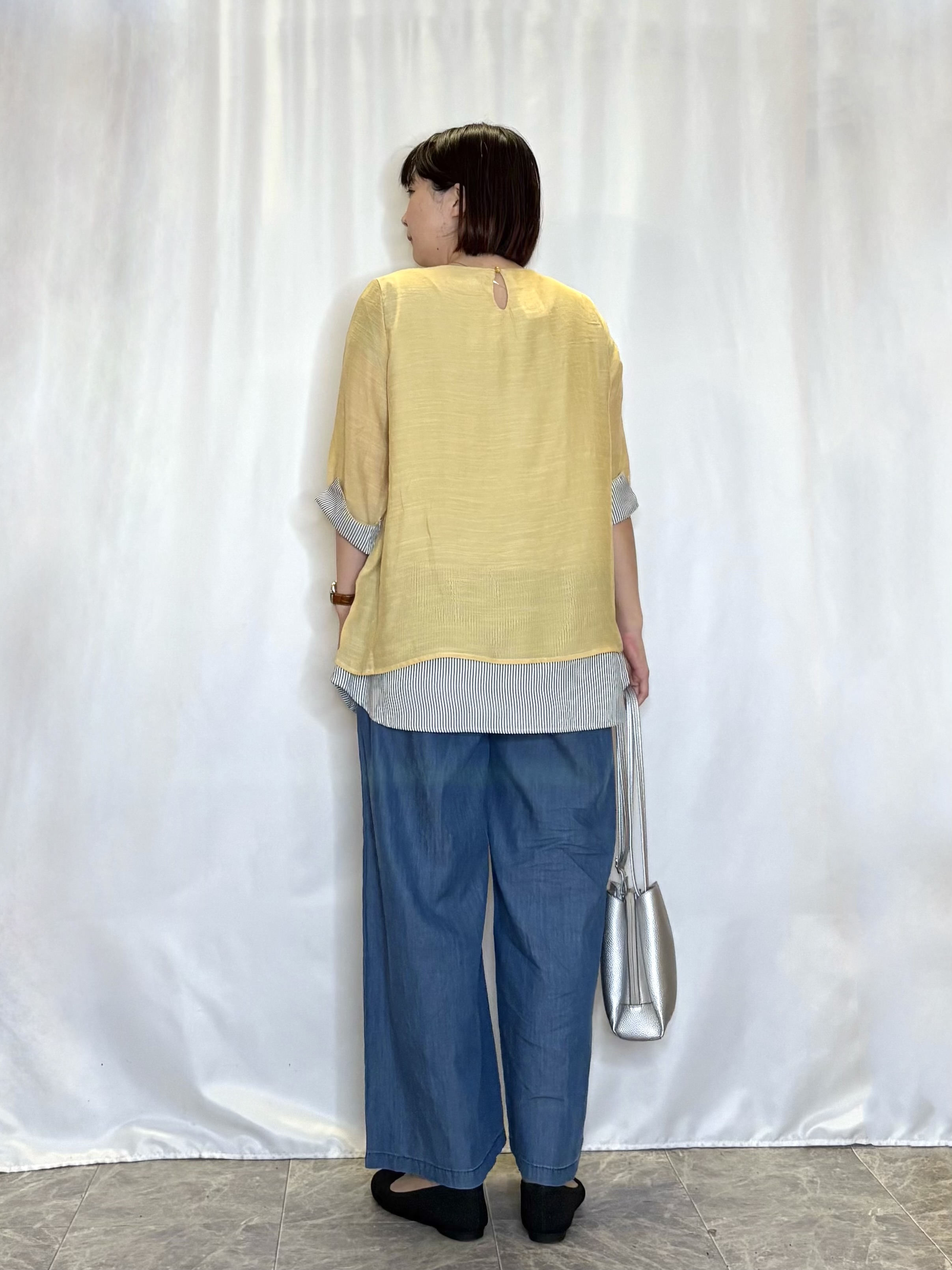 ネリさんの「SHOO･LA･RUE｜【洗濯機可/体型カバー】1枚でサマ見え 7分袖スラブレイヤード風トップス」を使ったコーディネート