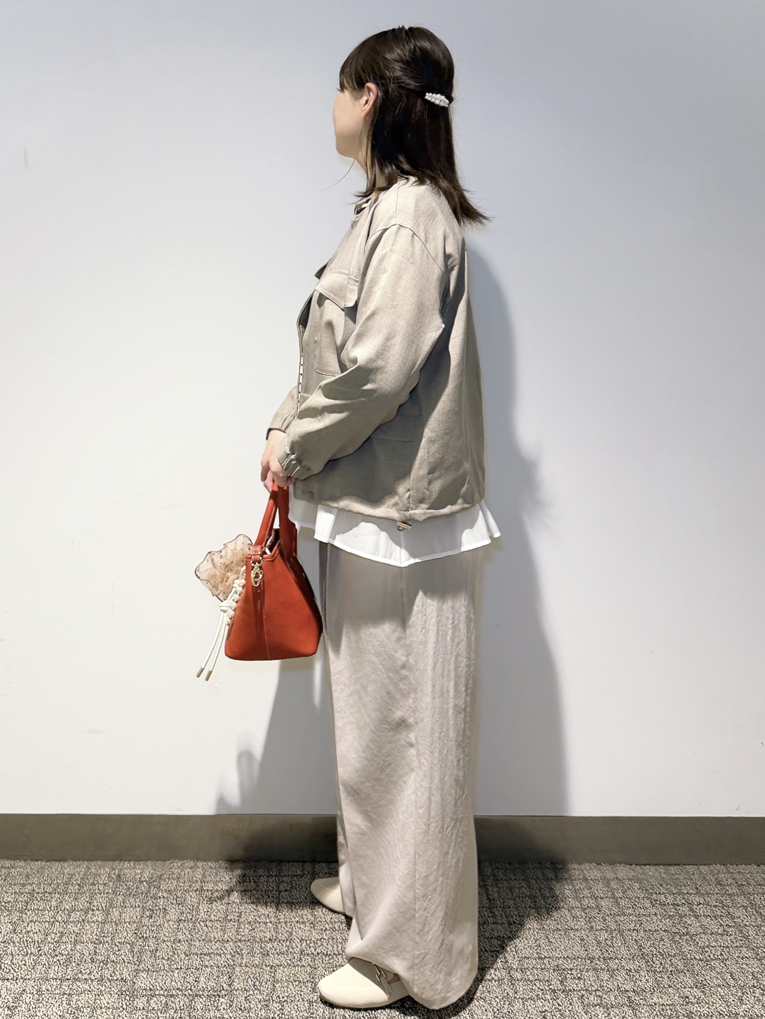 みーさんの「grove｜【洗える】麻調ノーカラーブルゾン」を使ったコーディネート