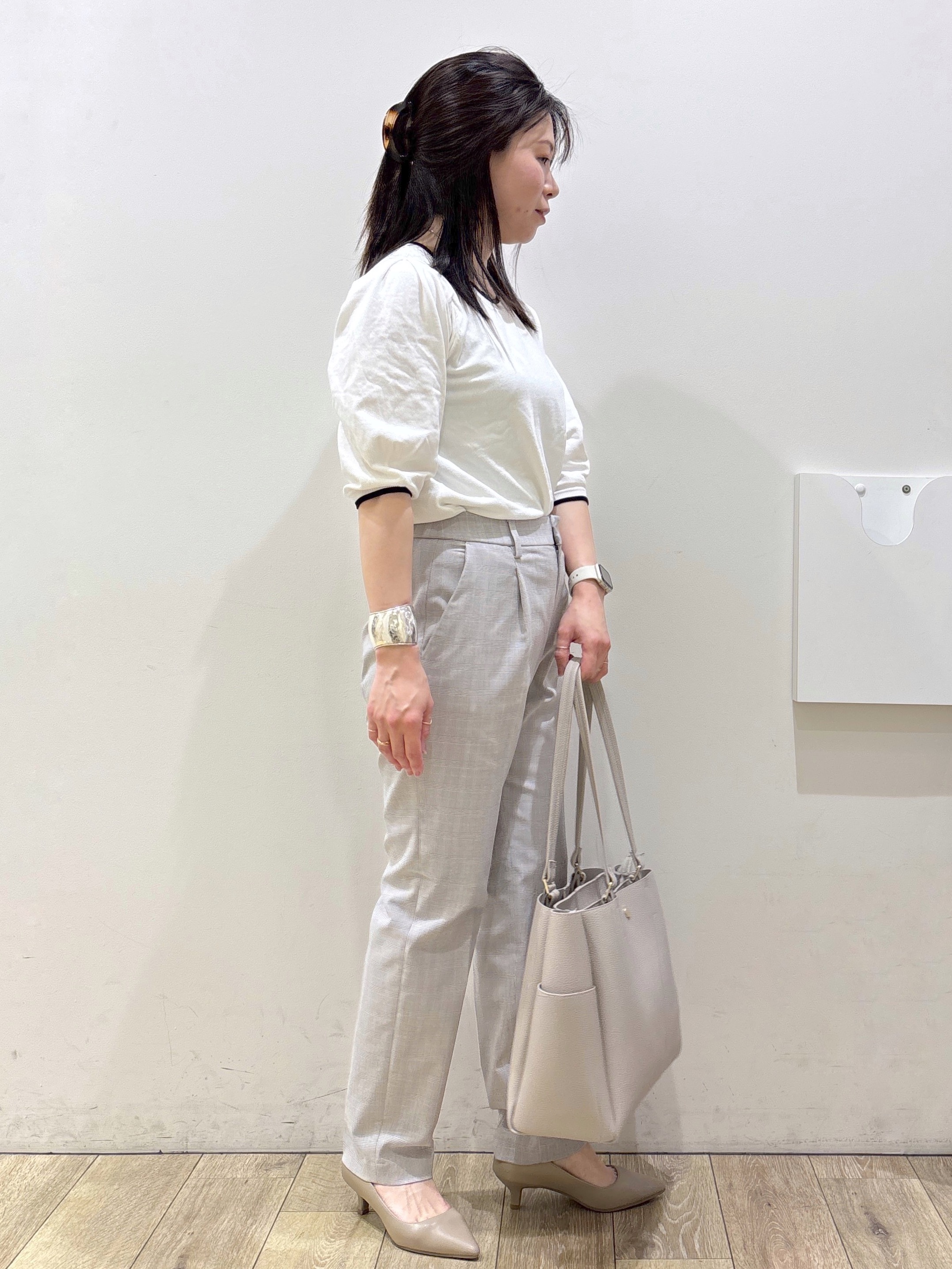 mameさんの「OPAQUE.CLIP｜【UVケア】6分袖タックスリーブニット《洗濯機OK／XS～LL／9col》」を使ったコーディネート