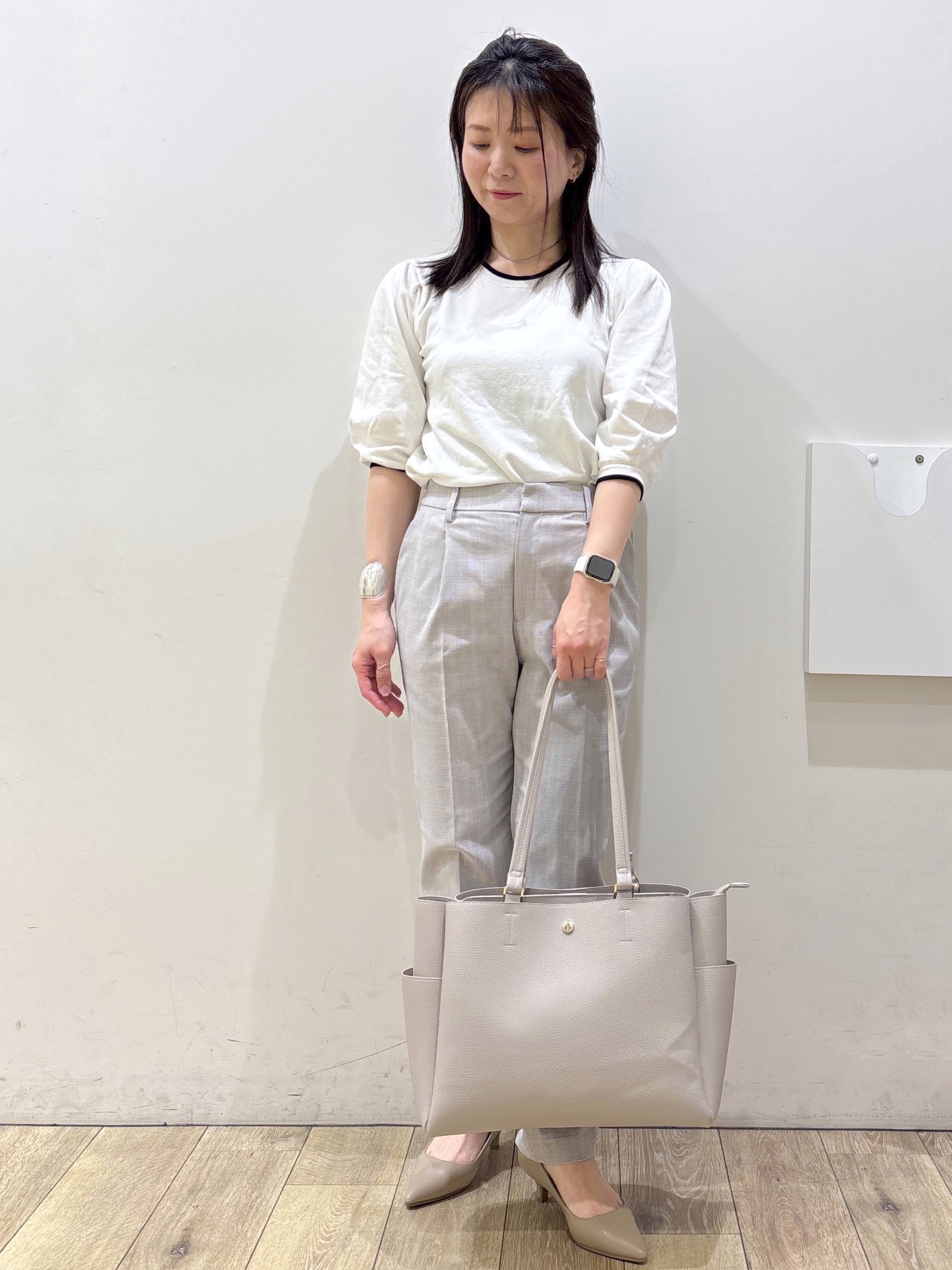 mameさんの「OPAQUE.CLIP｜【UVケア】6分袖タックスリーブニット《洗濯機OK／XS～LL／9col》」を使ったコーディネート