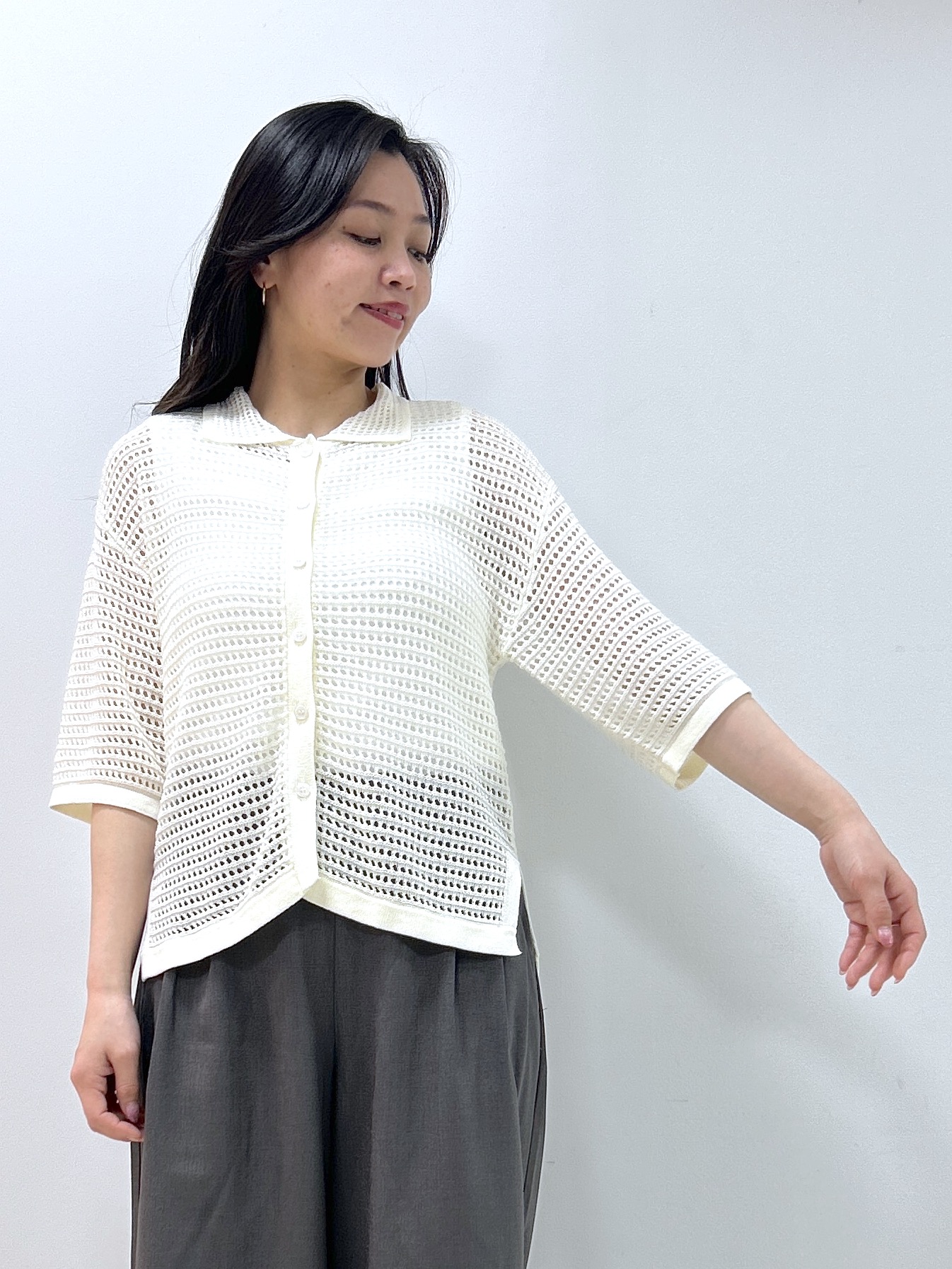 Kaiさんの「Dessin｜【洗える】透かし編み襟付きニットカーディガン」を使ったコーディネート