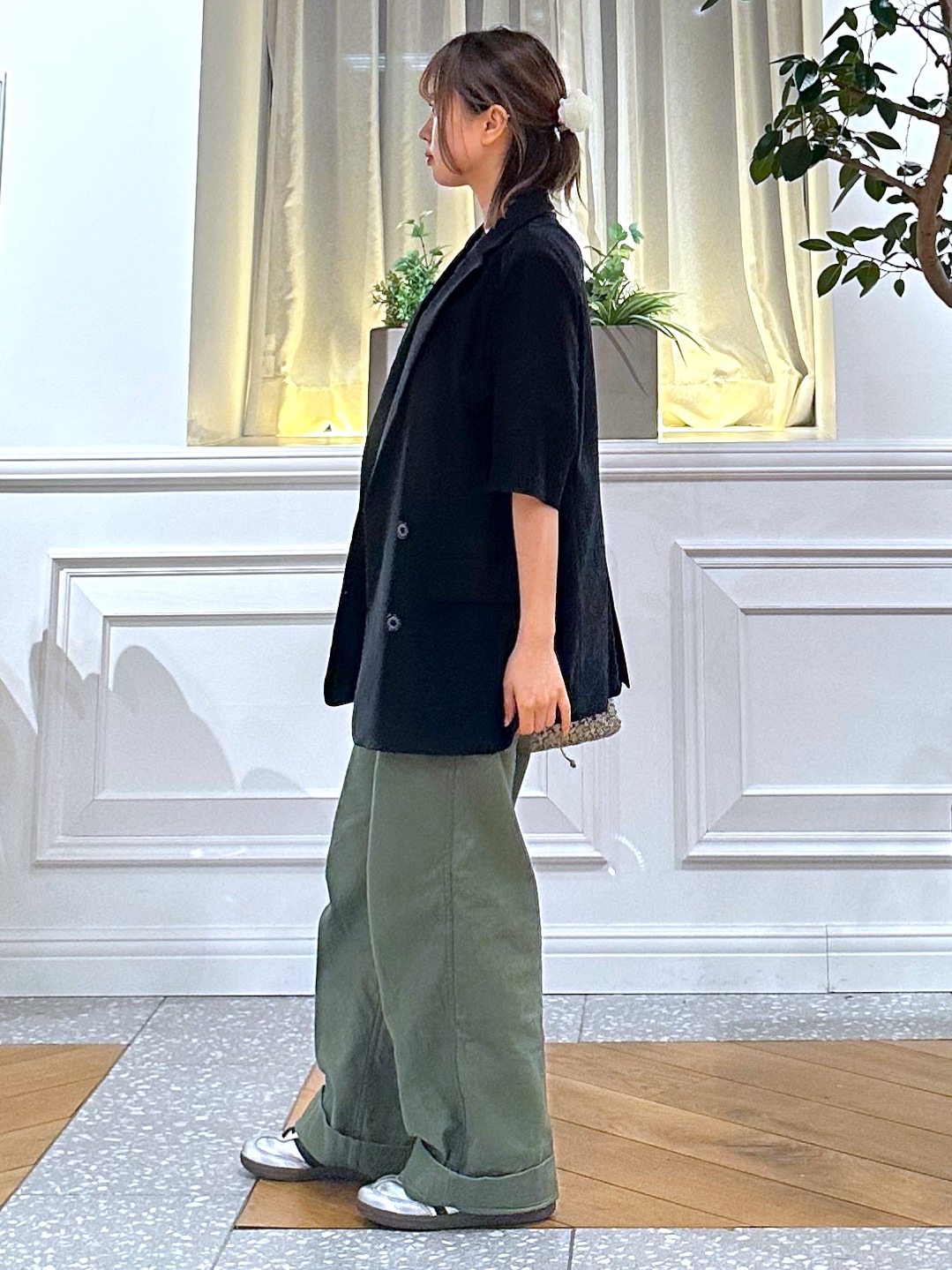 なべこさんの「DRESSTERIOR｜【接触冷感／抗菌防臭／消臭】アイスクリアコットン Bonsoir ロゴTシャツ」を使ったコーディネート