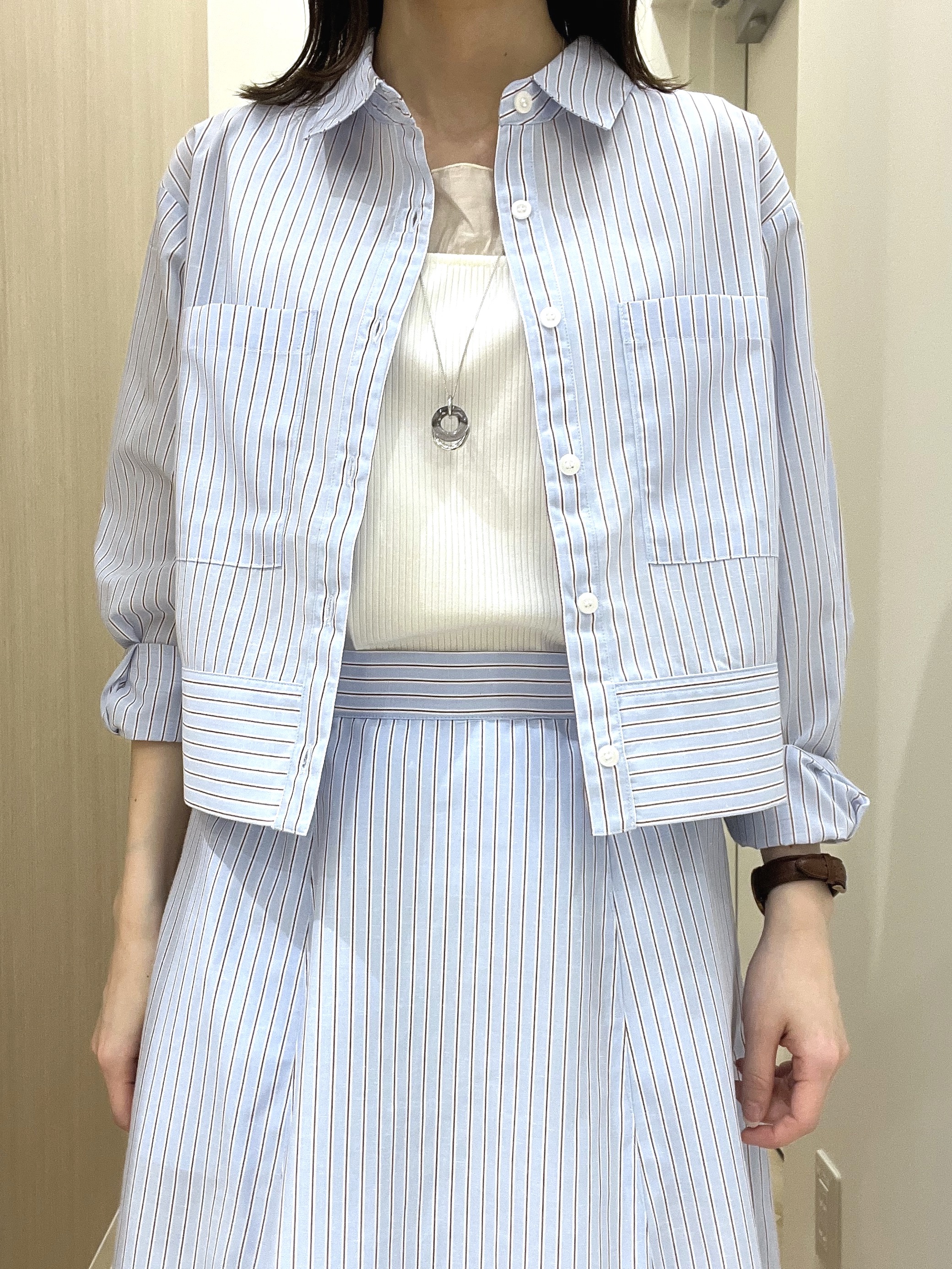  おまつさんの「grove｜【イージーケア】麻混クロップドシャツ」を使ったコーディネート