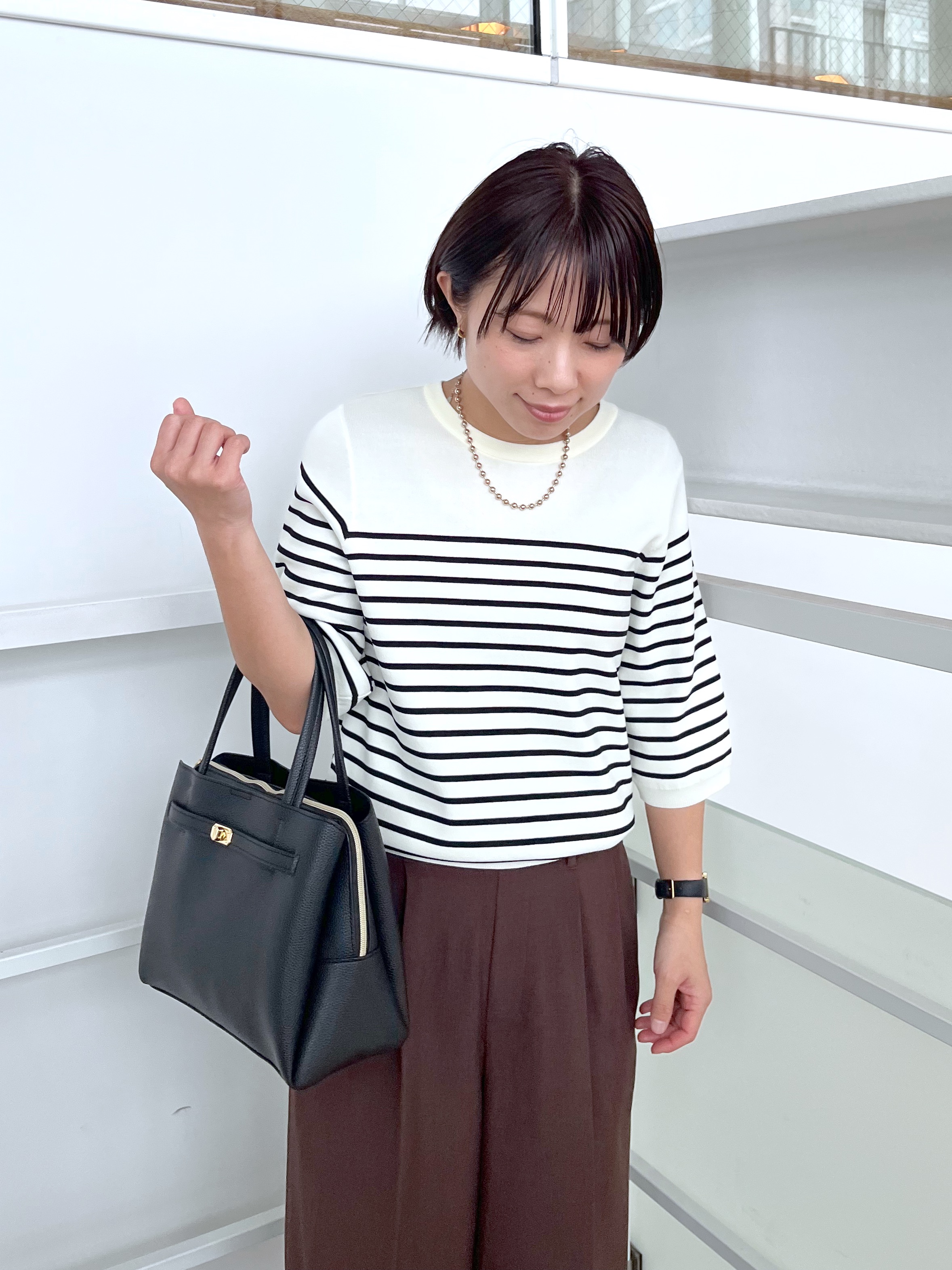 shirayuuuさんの「SHOO･LA･RUE｜【毎日洗える/S-LL/UV】上半身すっきり 二の腕見せない5分袖ニット」を使ったコーディネート