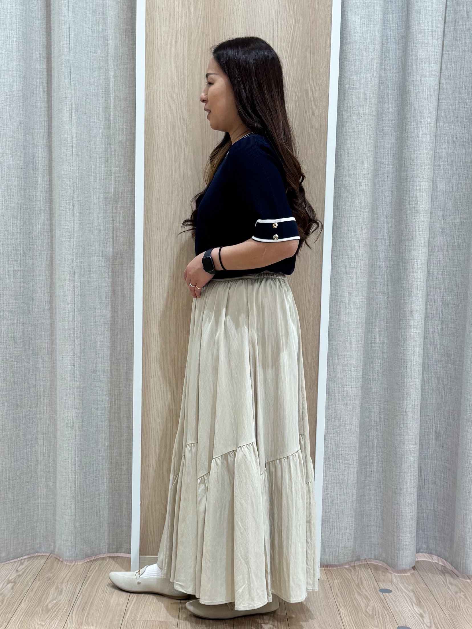 sachiさんの「grove｜新色追加！【シリーズ累計36万枚/名品ニット】やわらかドライタッチ 袖メッシュ編みニット」を使ったコーディネート