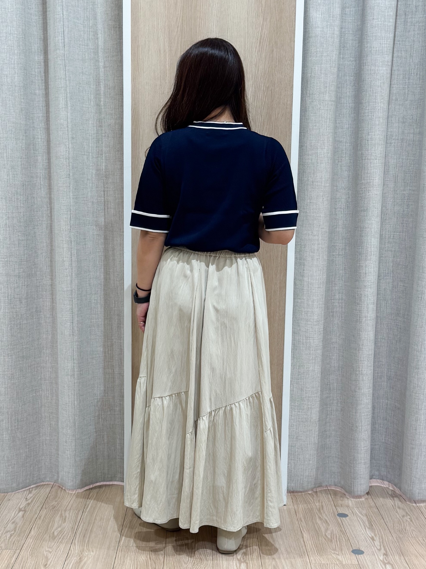 sachiさんの「grove｜新色追加！【シリーズ累計36万枚/名品ニット】やわらかドライタッチ 袖メッシュ編みニット」を使ったコーディネート