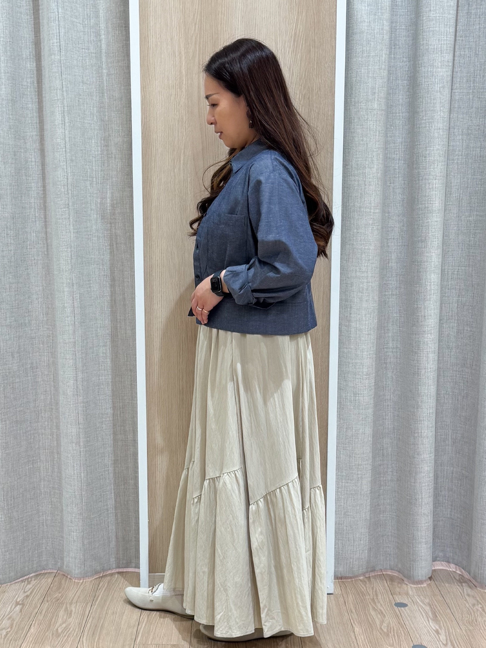 sachiさんの「grove｜【イージーケア】麻混クロップドシャツ」を使ったコーディネート