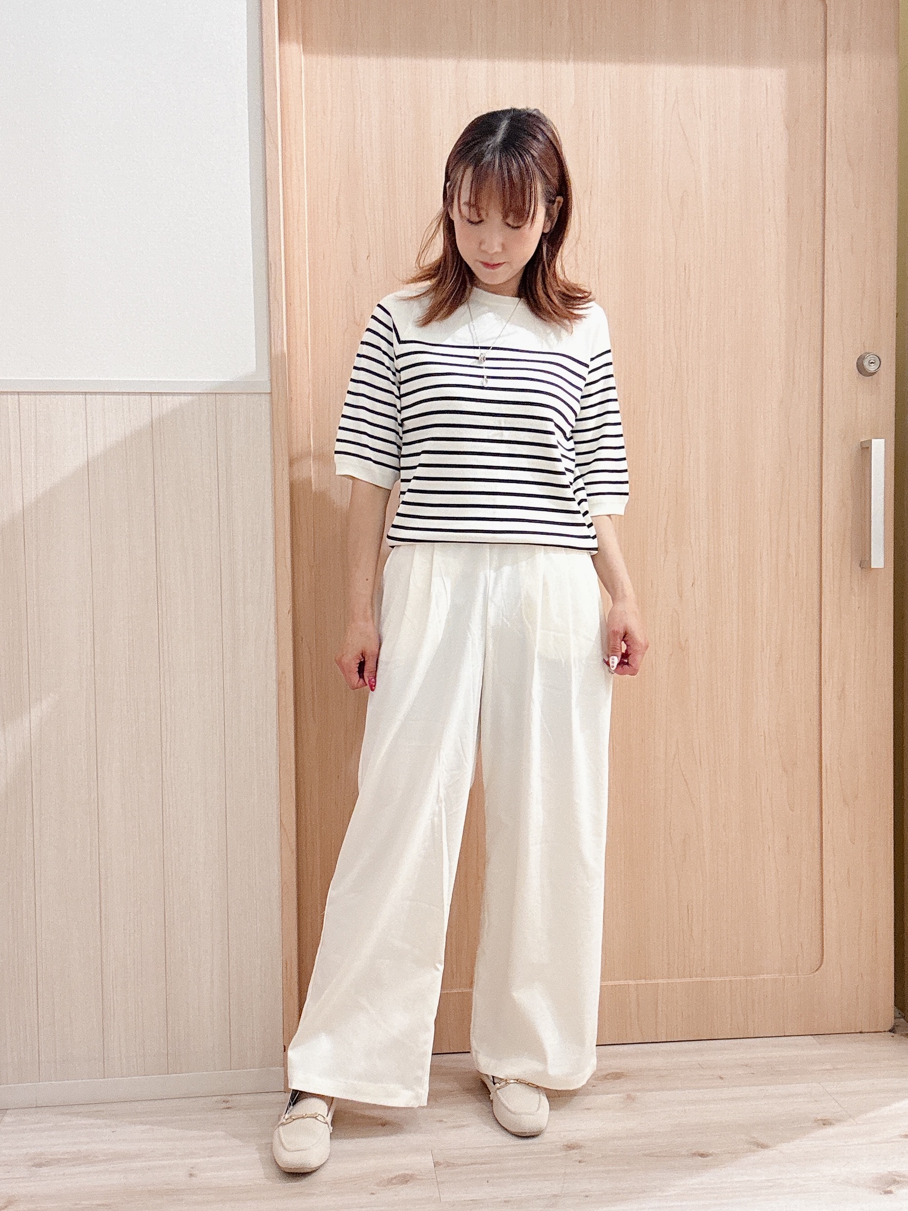 モカさんの「SHOO･LA･RUE｜【毎日洗える/S-LL/UV】上半身すっきり 二の腕見せない5分袖ニット」を使ったコーディネート