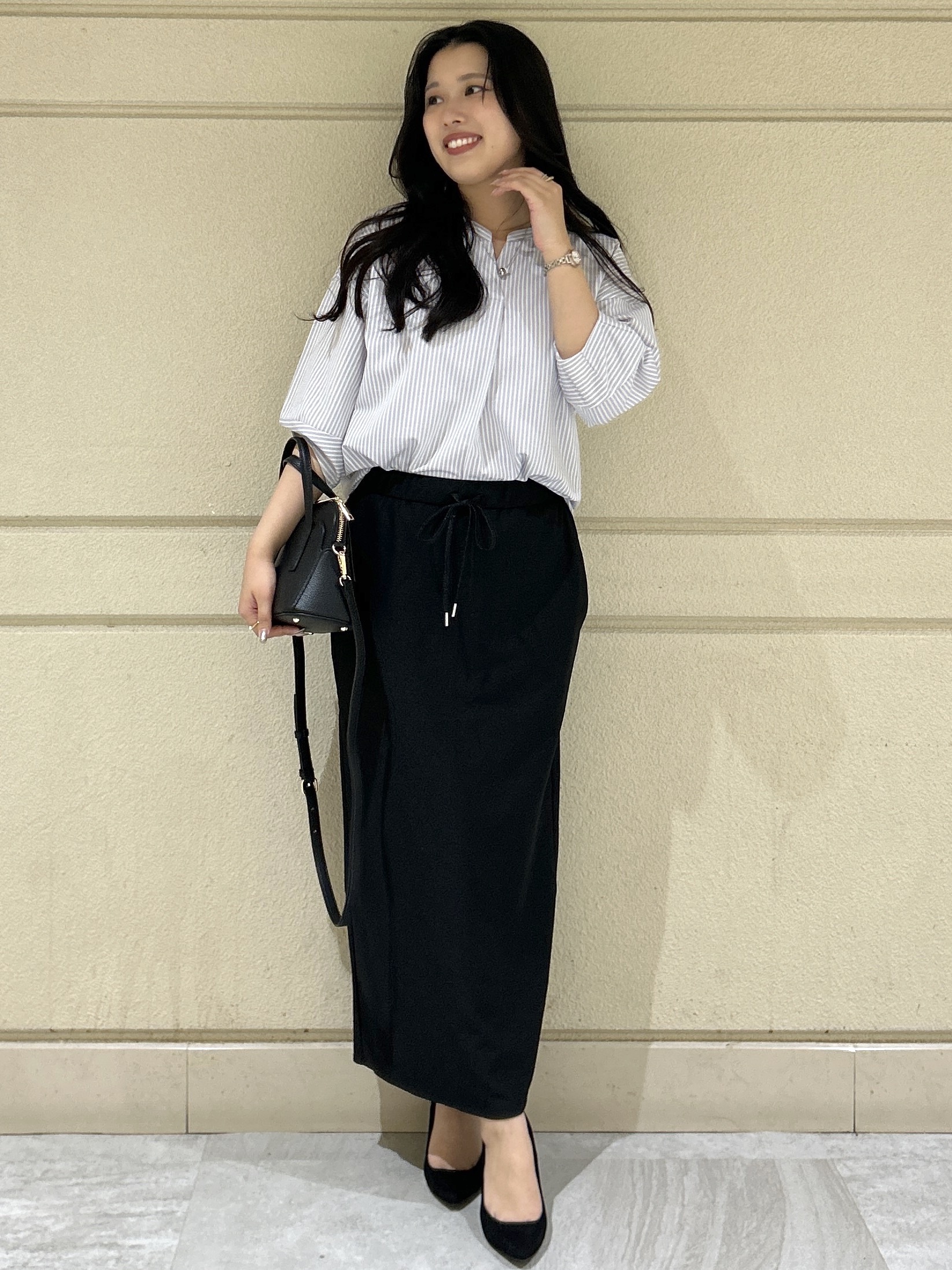 Momokaさんの「COUP DE CHANCE｜【手洗い可／日本製】ストライプ柄ジャージートップス」を使ったコーディネート