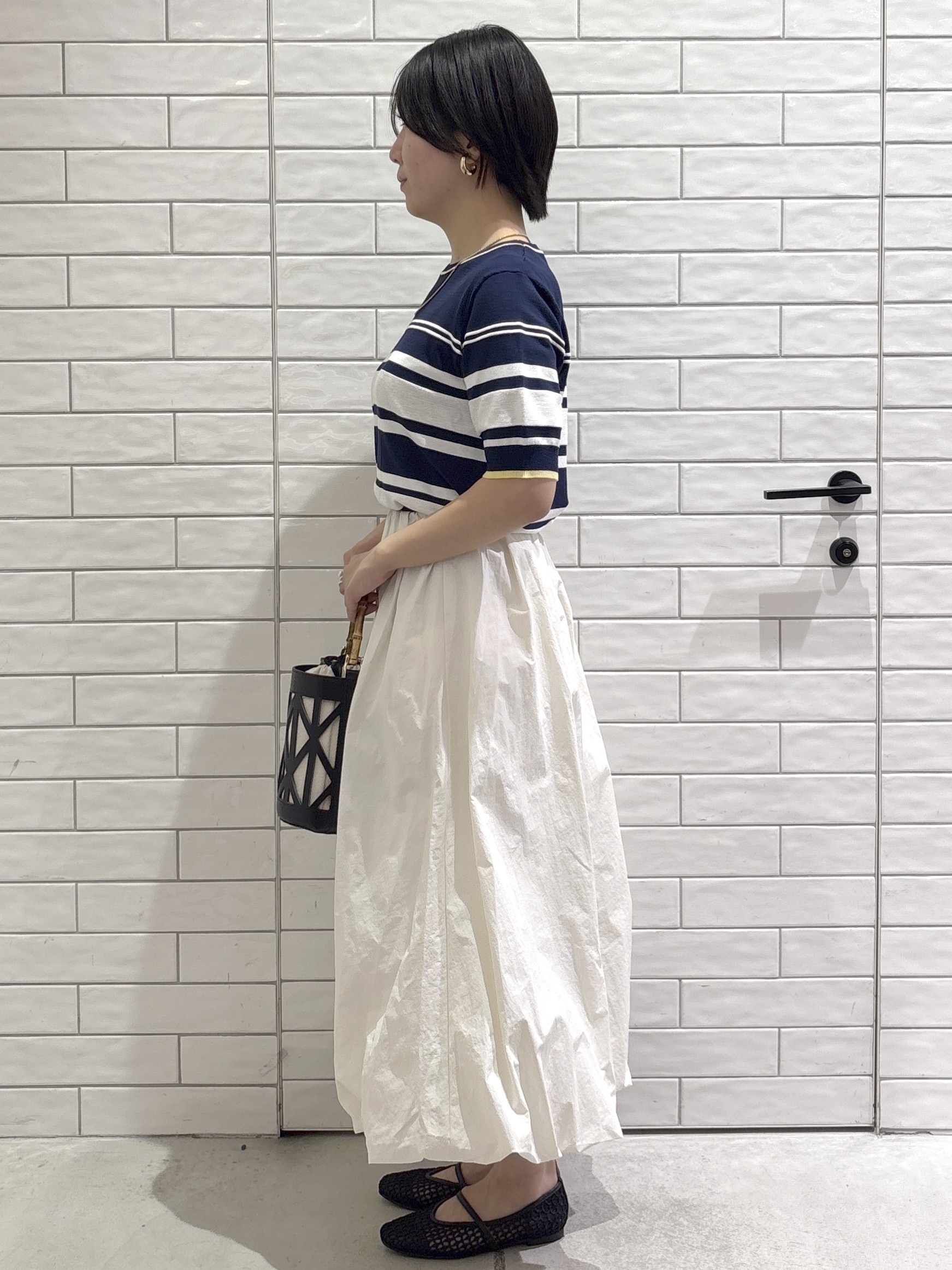 ayumiさんの「OPAQUE.CLIP｜ランダムボーダーハーフスリーブニット【洗濯機OK】」を使ったコーディネート