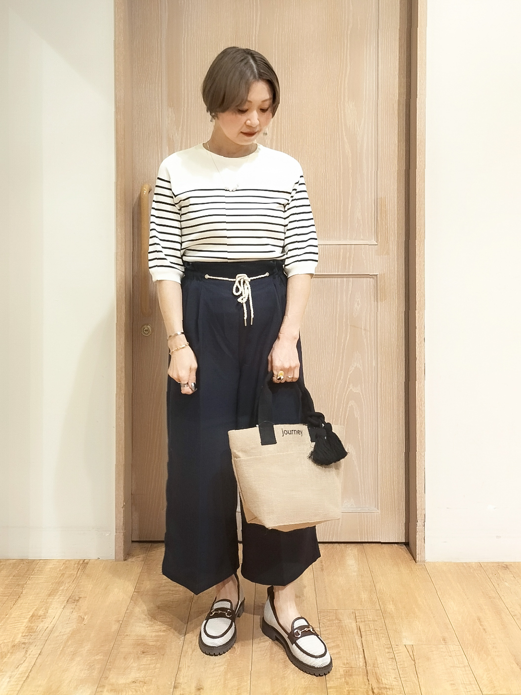 YUKIさんの「SHOO･LA･RUE｜【毎日洗える/S-LL/UV】上半身すっきり 二の腕見せない5分袖ニット」を使ったコーディネート