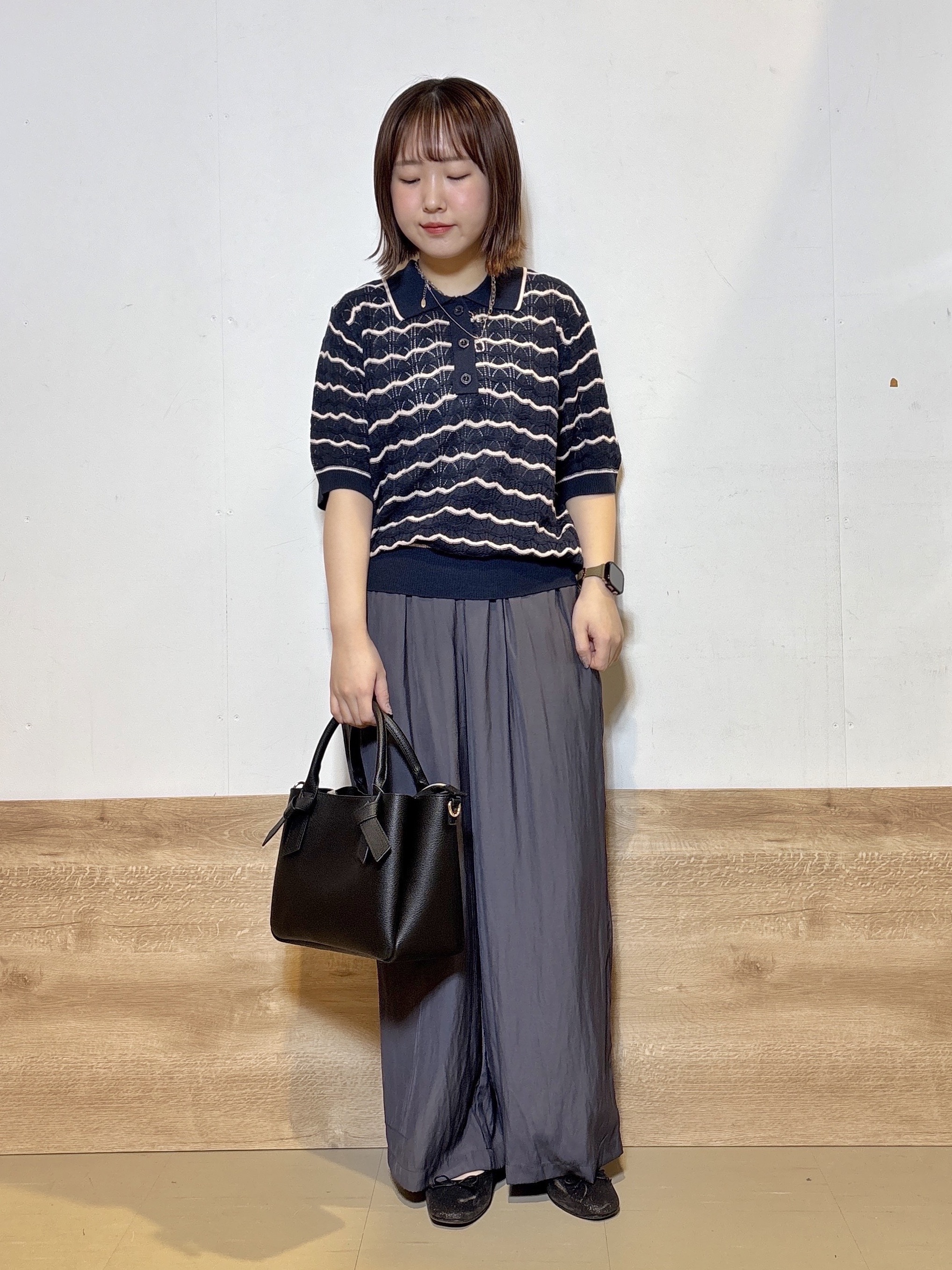 るねさんの「SHOO･LA･RUE｜【S-LL/洗濯機可】ニュアンスボーダー シアーニットポロ」を使ったコーディネート