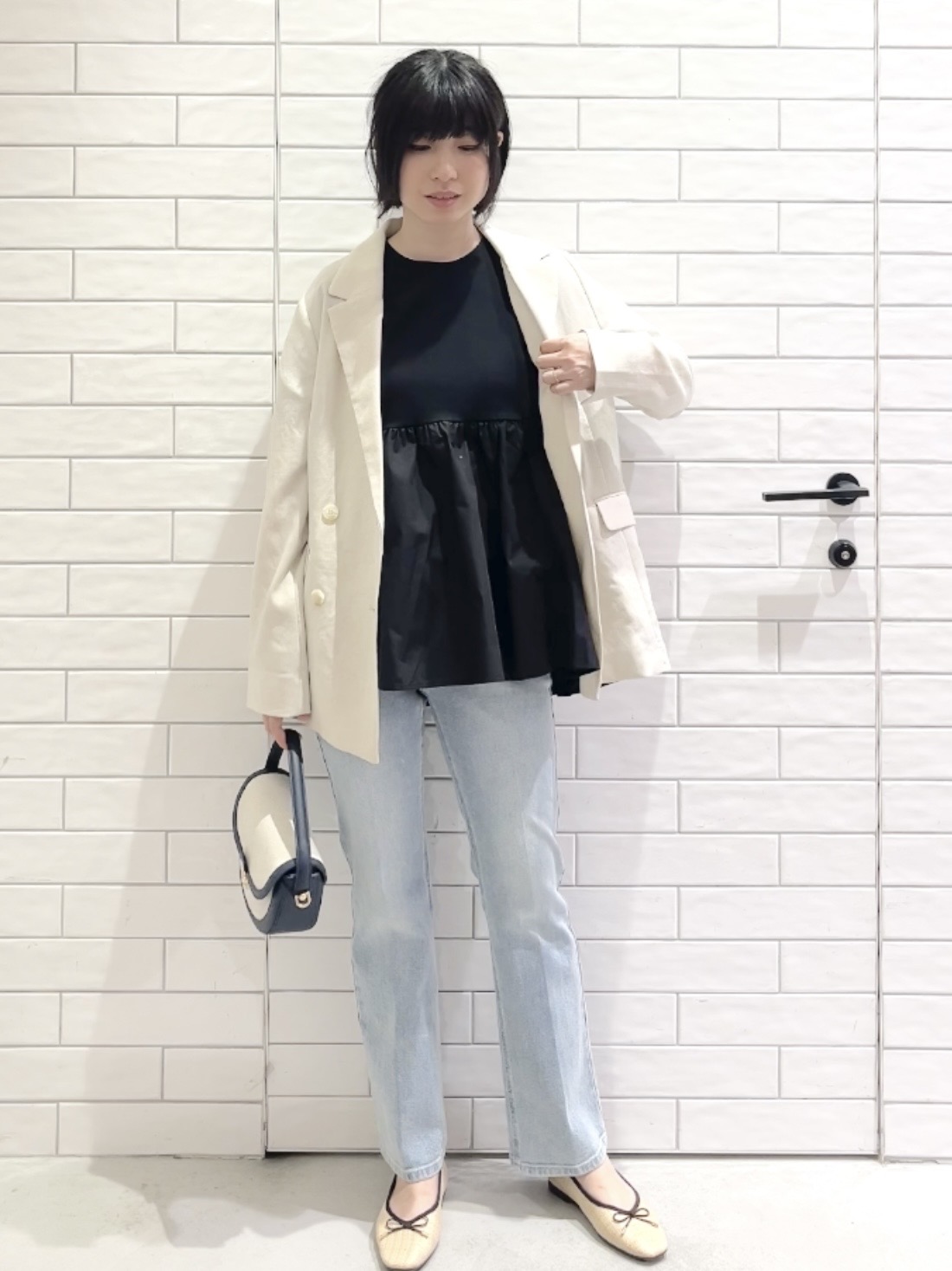 しおりさんの「OPAQUE.CLIP｜【UV／接触冷感】ダブルブレストジャケット《防シワ加工／洗える》」を使ったコーディネート