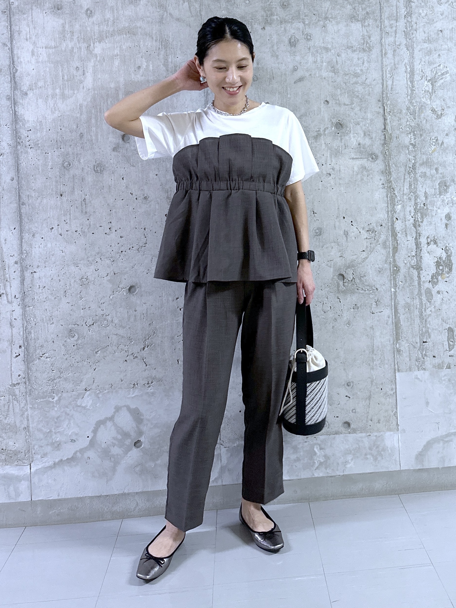 kumiさんの「Dessin｜【セットアップ可/UVカット/洗える】ビスチェドッキングTシャツ」を使ったコーディネート