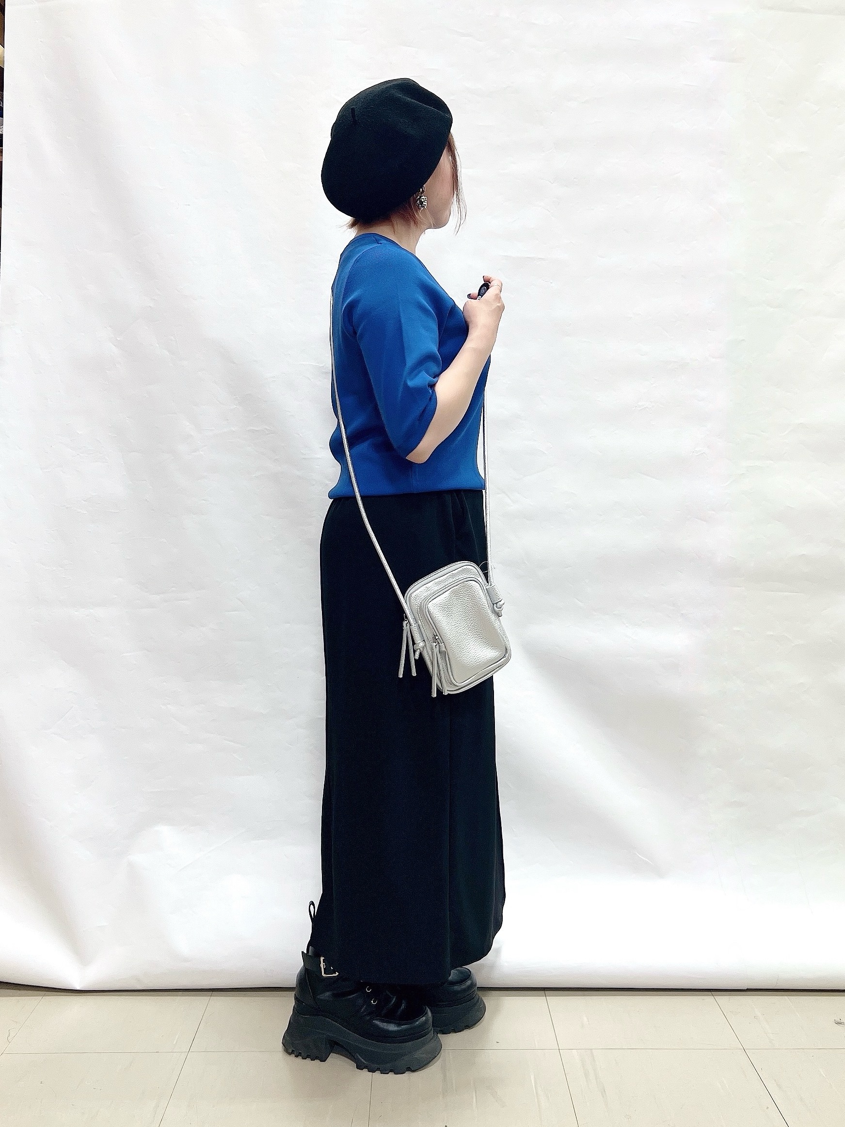 YUIさんの「SHOO･LA･RUE｜【毎日洗える/S-LL/UV】上半身すっきり 二の腕見せない5分袖ニット」を使ったコーディネート