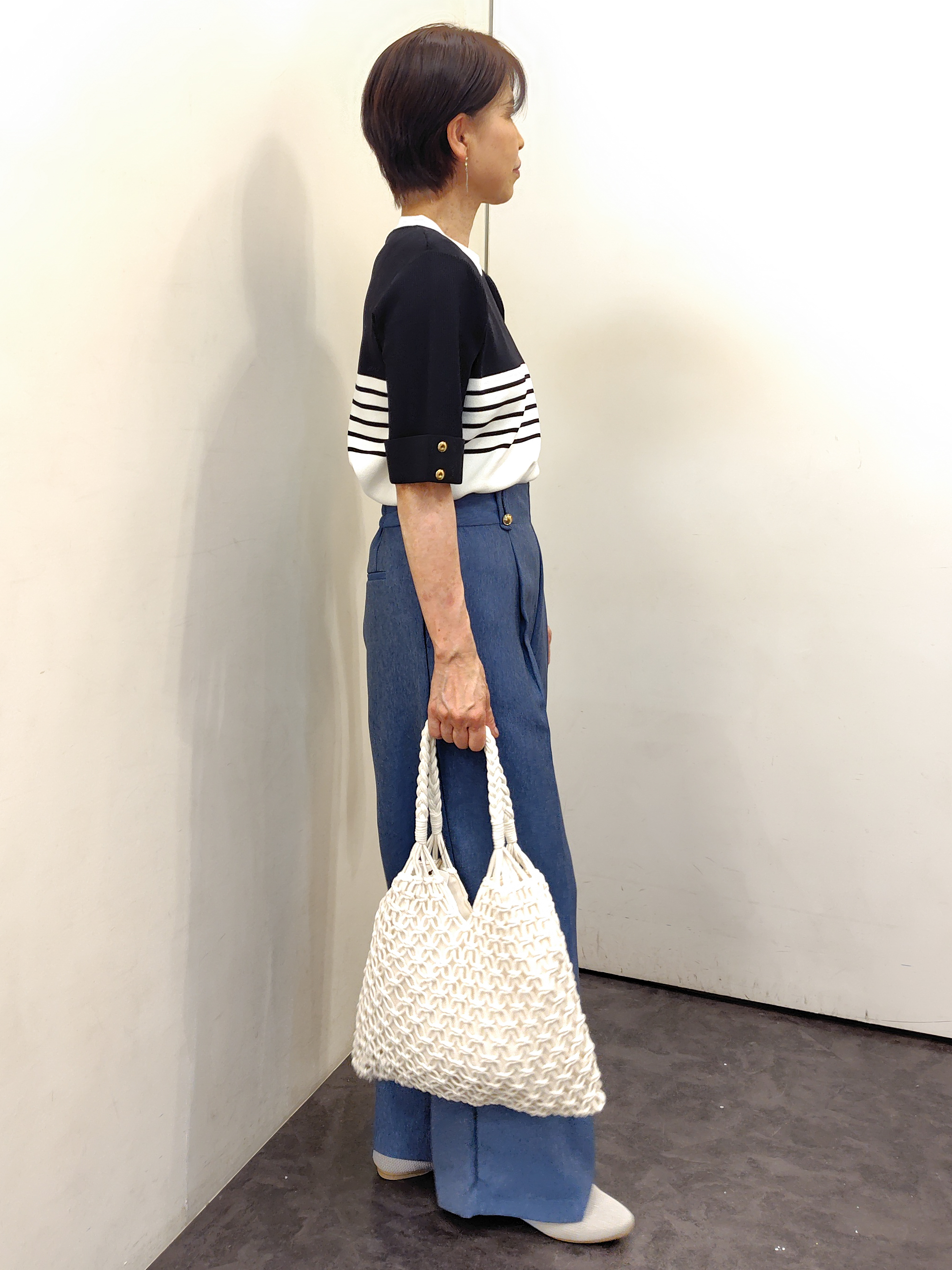 masaさんの「grove｜新色追加！【シリーズ累計36万枚/名品ニット】やわらかドライタッチ 袖メッシュ編みニット」を使ったコーディネート