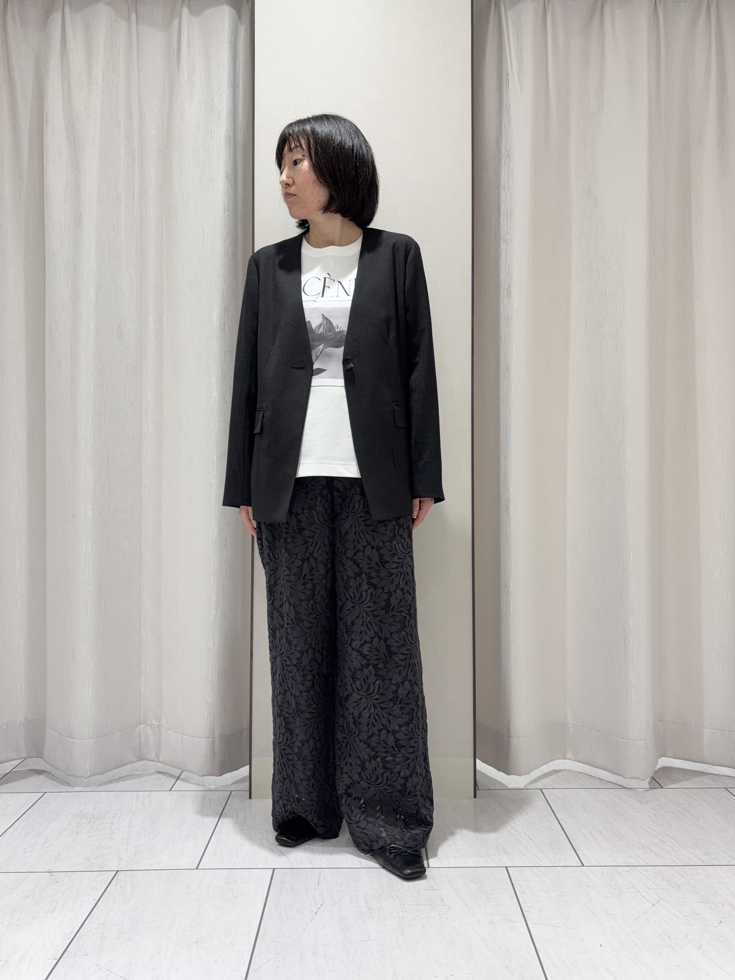 わたなべさんの「UNTITLED｜◆【さらりと快適/セットアップ可/UV/接触冷感】スラブカラーレスジャケット」を使ったコーディネート