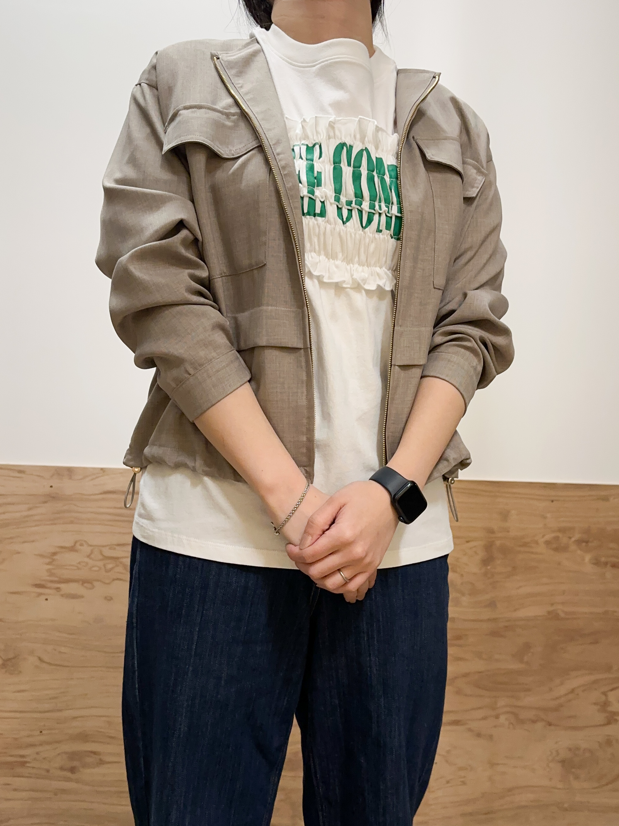 すーさんの「grove｜【貴島明日香さん着用・洗える】麻調ノーカラーブルゾン」を使ったコーディネート