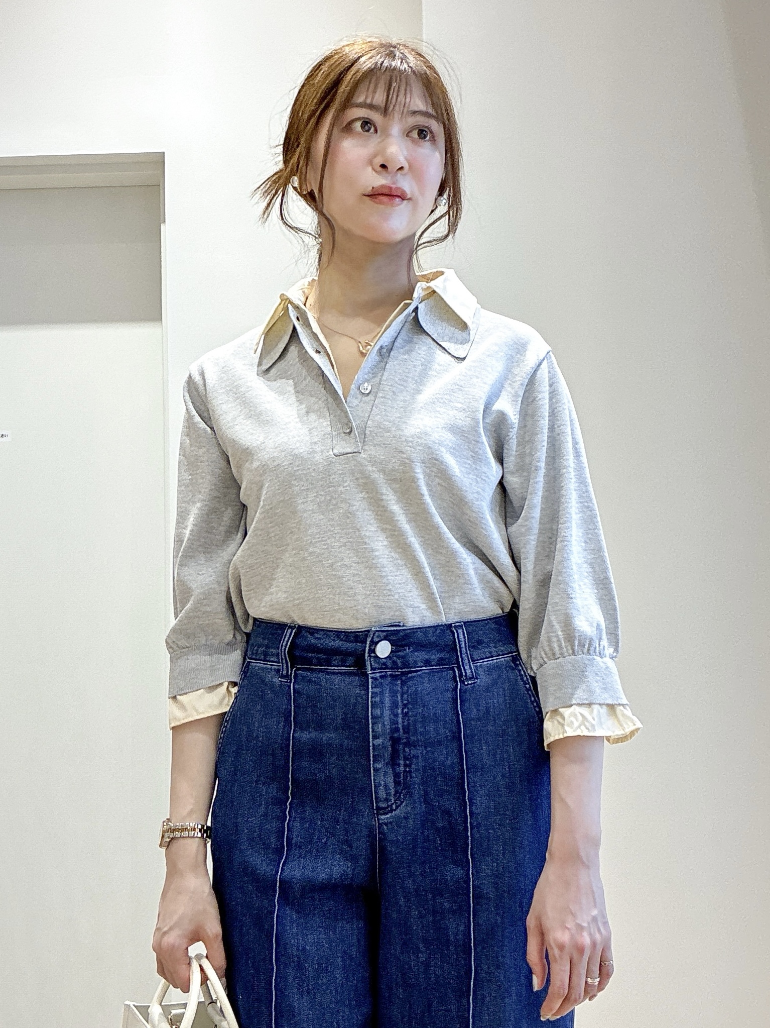 もんちゃんさんの「OPAQUE.CLIP｜シャツレイヤード風ポロニット【洗濯機OK】」を使ったコーディネート