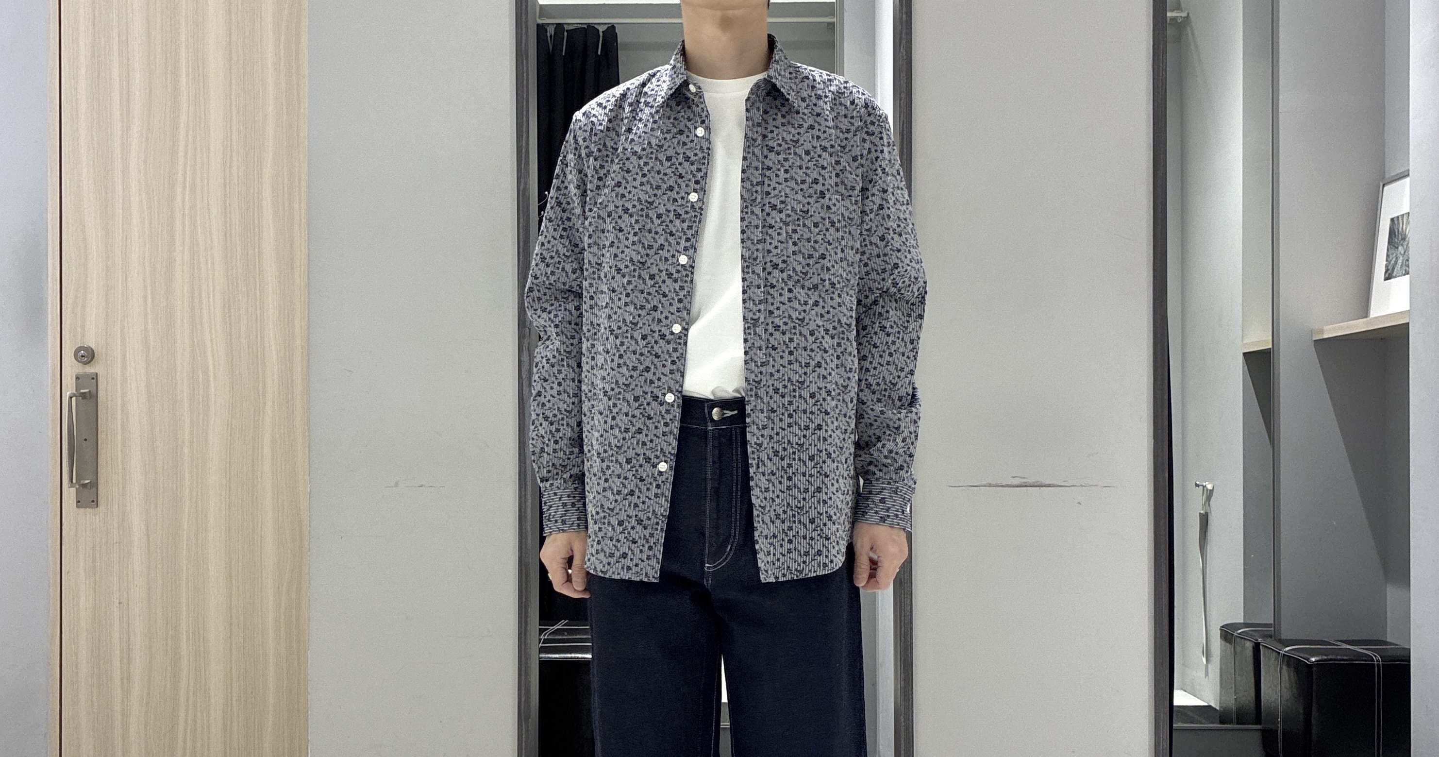 わいずみさんの「TAKEO KIKUCHI｜播州 ドビーストライプ フラワーシャツ」を使ったコーディネート
