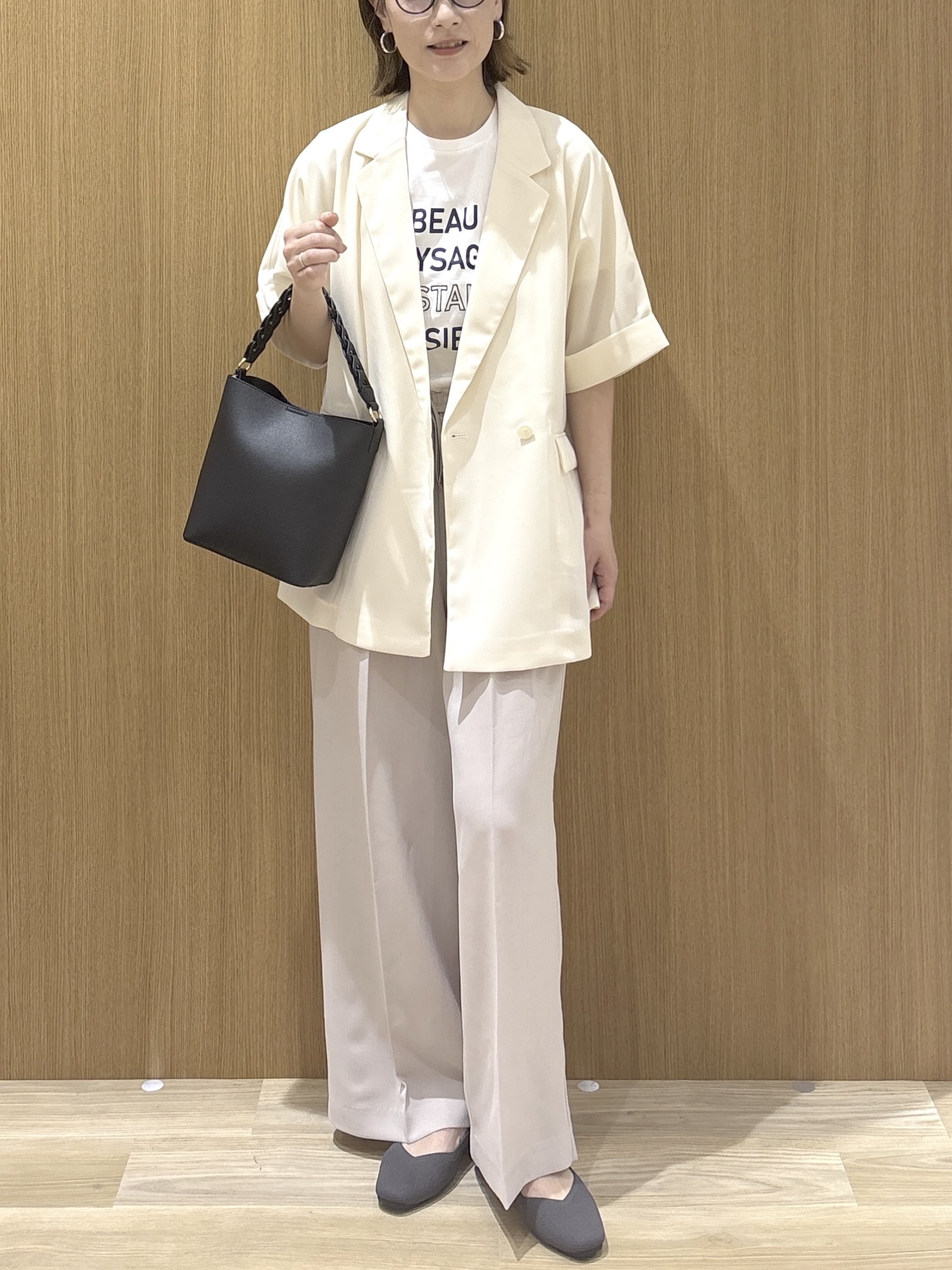 たけねぇさんの「OPAQUE.CLIP｜【接触冷感／吸水速乾／防シワ】リネンライクテーラードジャケット《洗濯機OK》」を使ったコーディネート