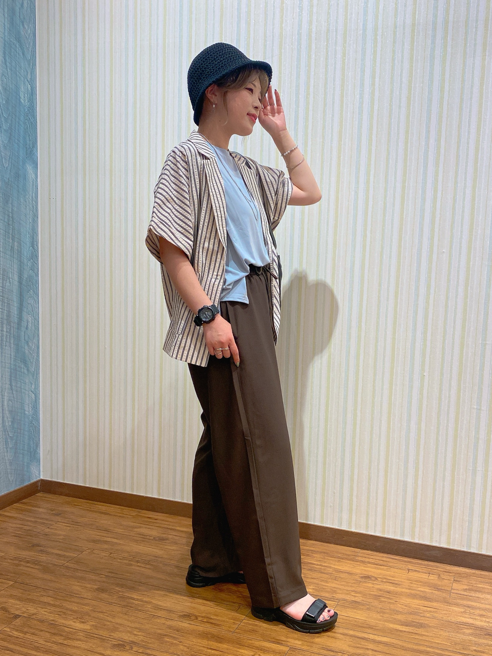 ayaさんの「SHOO･LA･RUE｜【S-LL/吸水速乾/セットアップ可】羽織るだけで主役になる サッカーストライプシャツジャケット」を使ったコーディネート