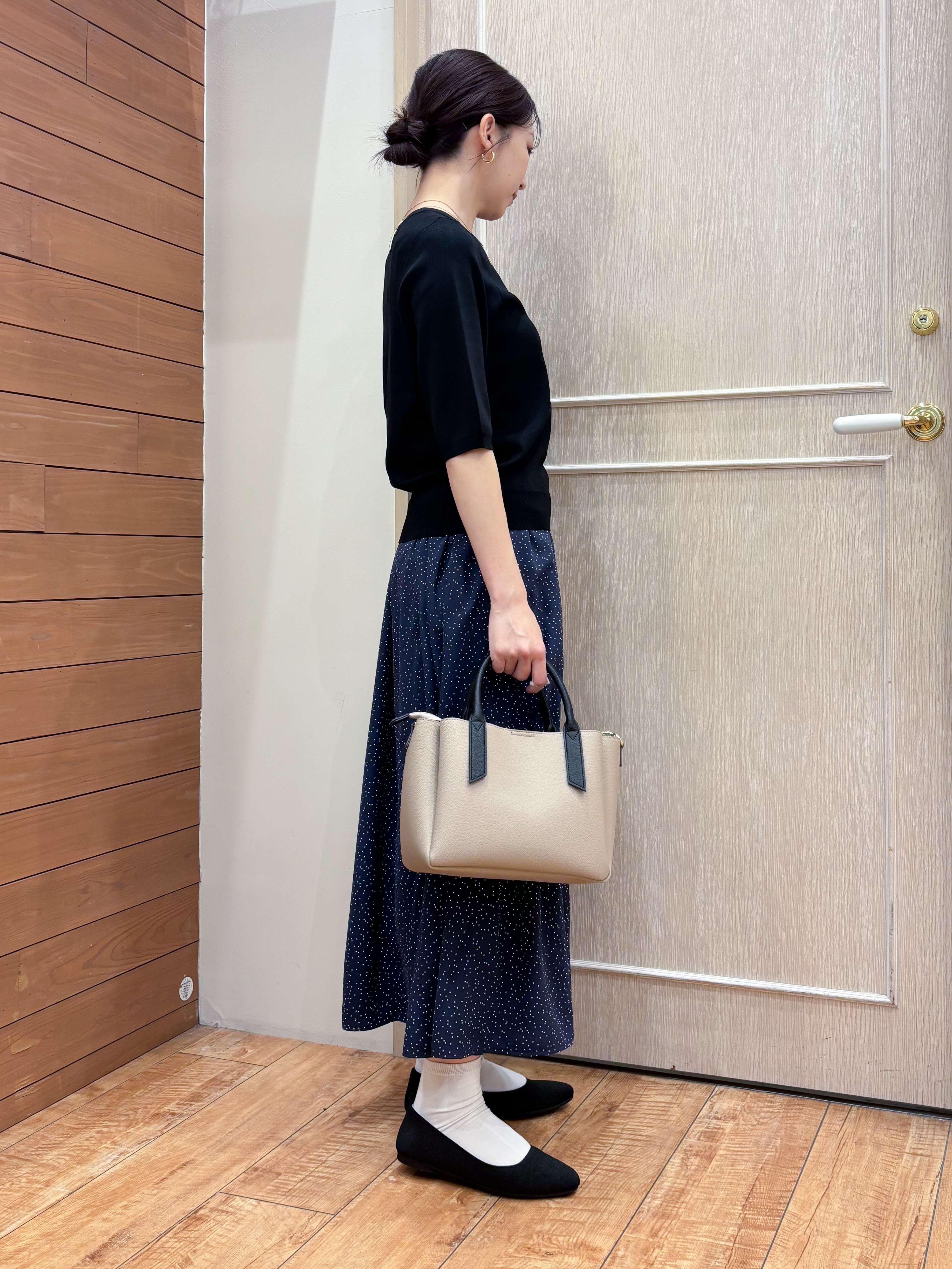 なみさんの「SHOO･LA･RUE｜【毎日洗える/S-LL/UV】上半身すっきり 二の腕見せない5分袖ニット」を使ったコーディネート