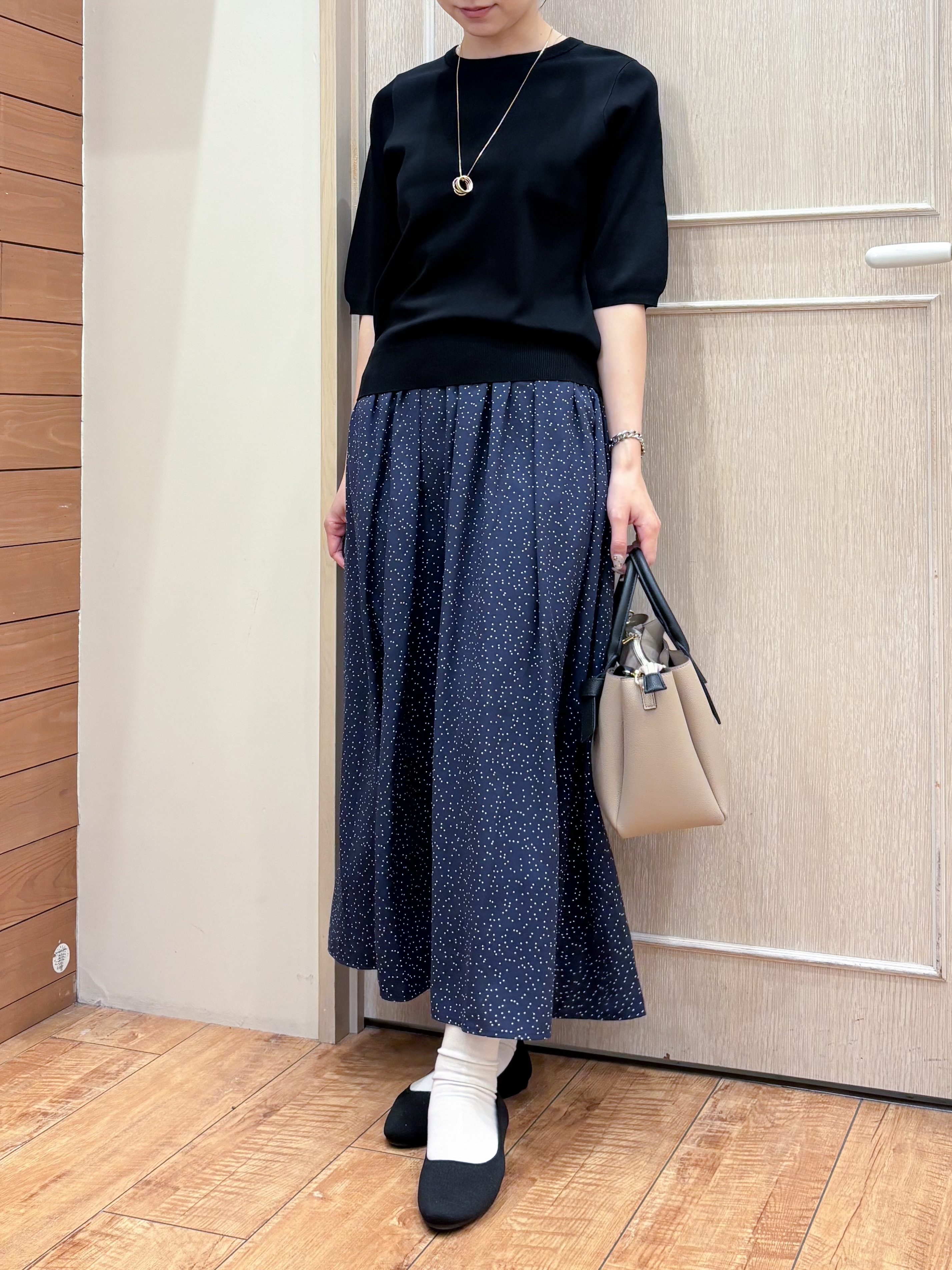 なみさんの「SHOO･LA･RUE｜【毎日洗える/S-LL/UV】上半身すっきり 二の腕見せない5分袖ニット」を使ったコーディネート