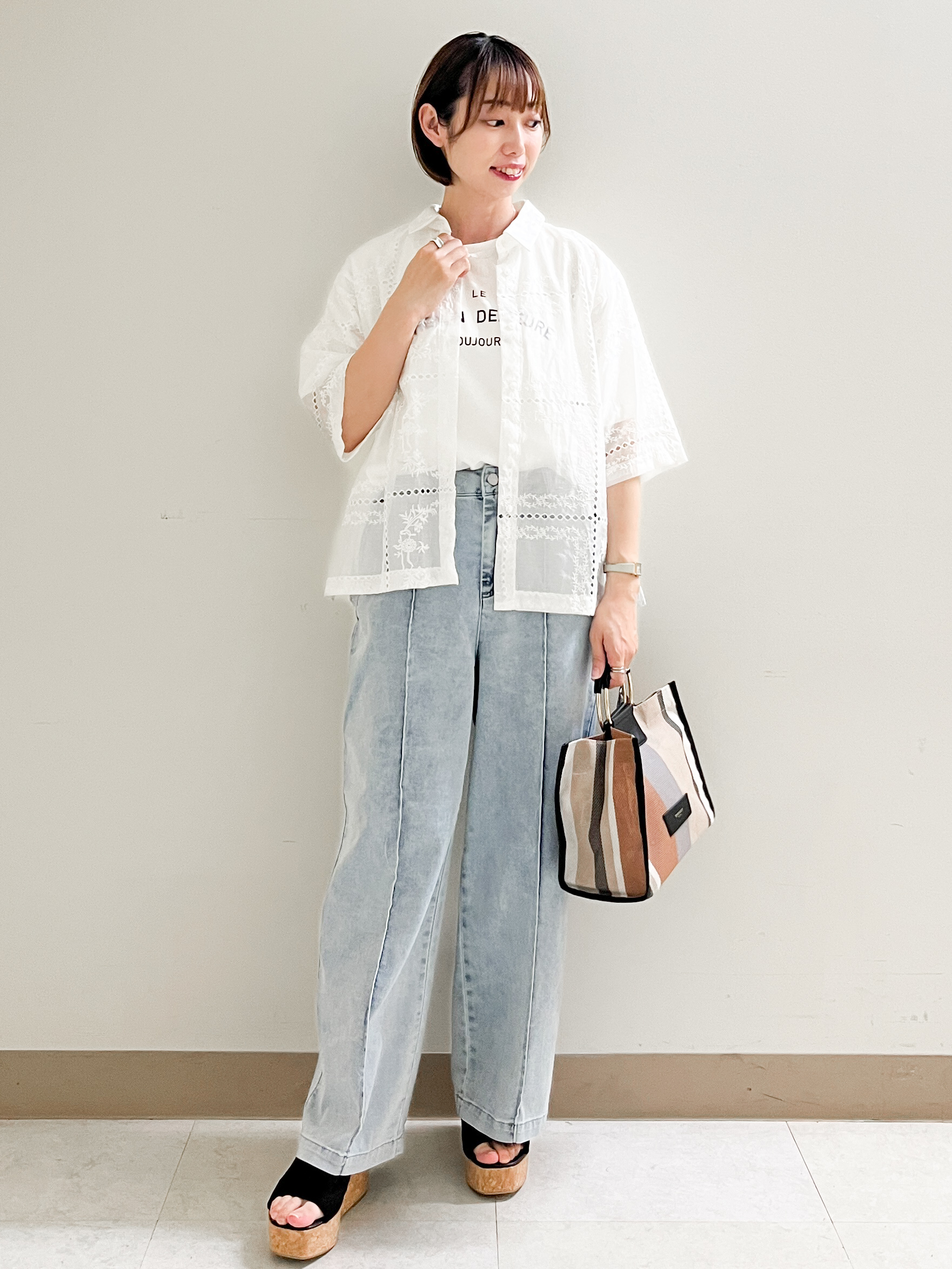 あかねさんの「OPAQUE.CLIP｜刺繍ハーフスリーブシャツ／セットアップ対応可【洗濯機OK】」を使ったコーディネート