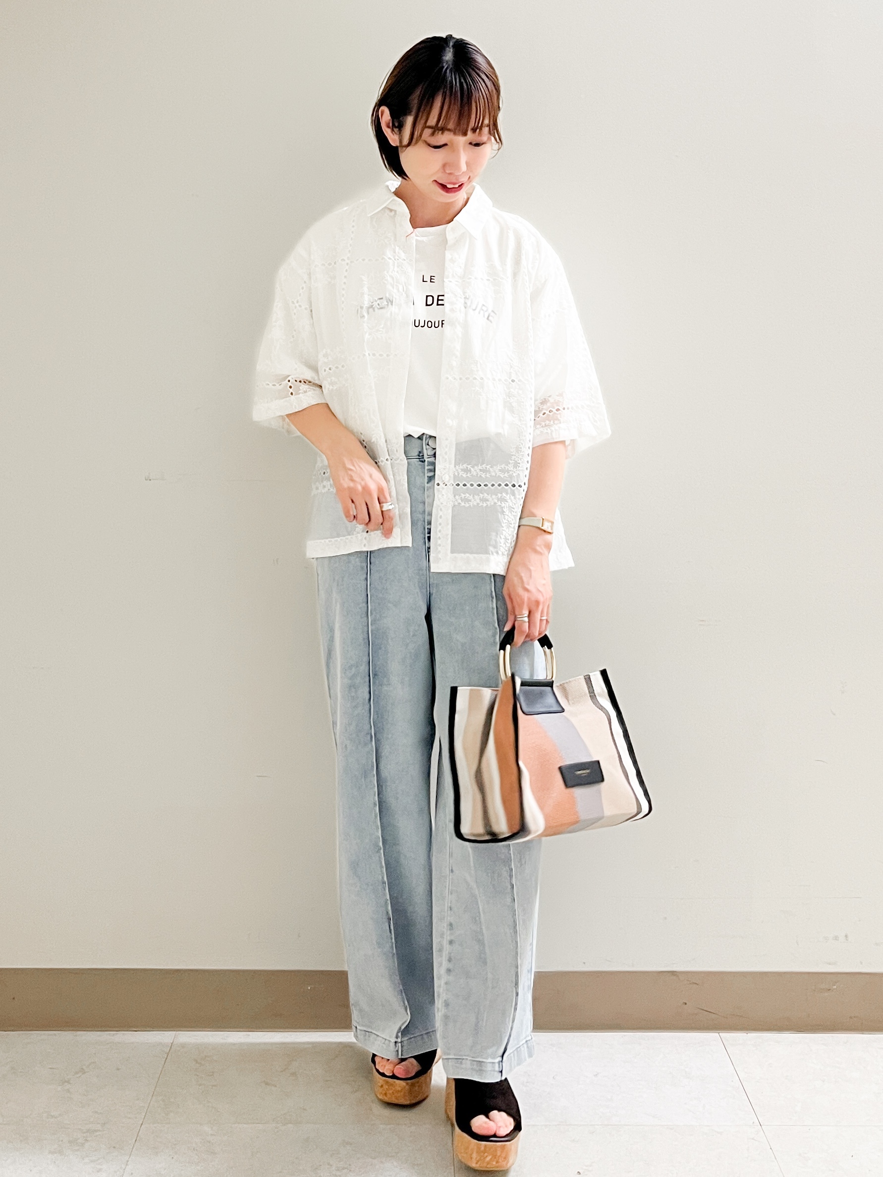あかねさんの「OPAQUE.CLIP｜刺繍ハーフスリーブシャツ／セットアップ対応可【洗濯機OK】」を使ったコーディネート