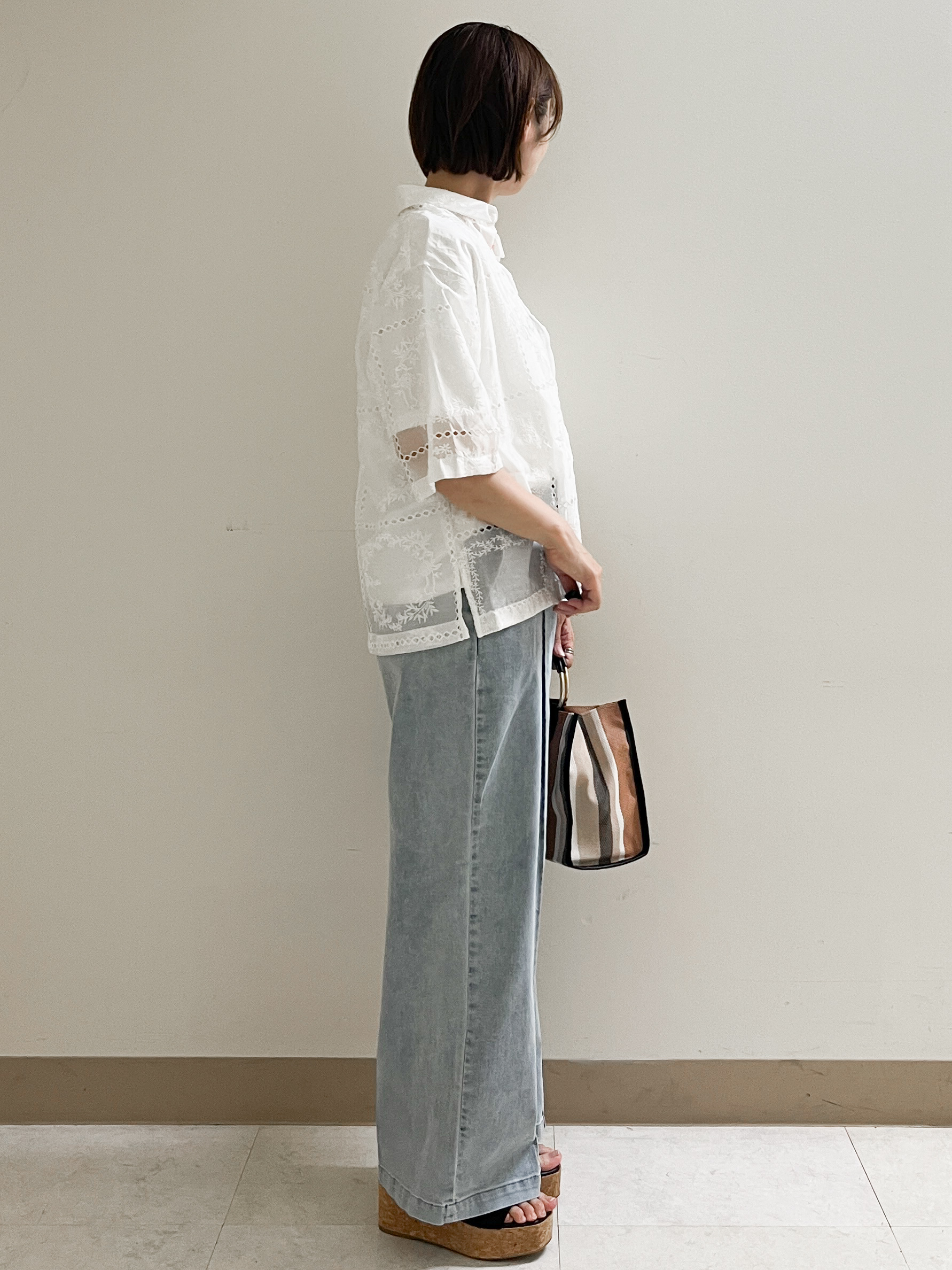 あかねさんの「OPAQUE.CLIP｜刺繍ハーフスリーブシャツ／セットアップ対応可【洗濯機OK】」を使ったコーディネート