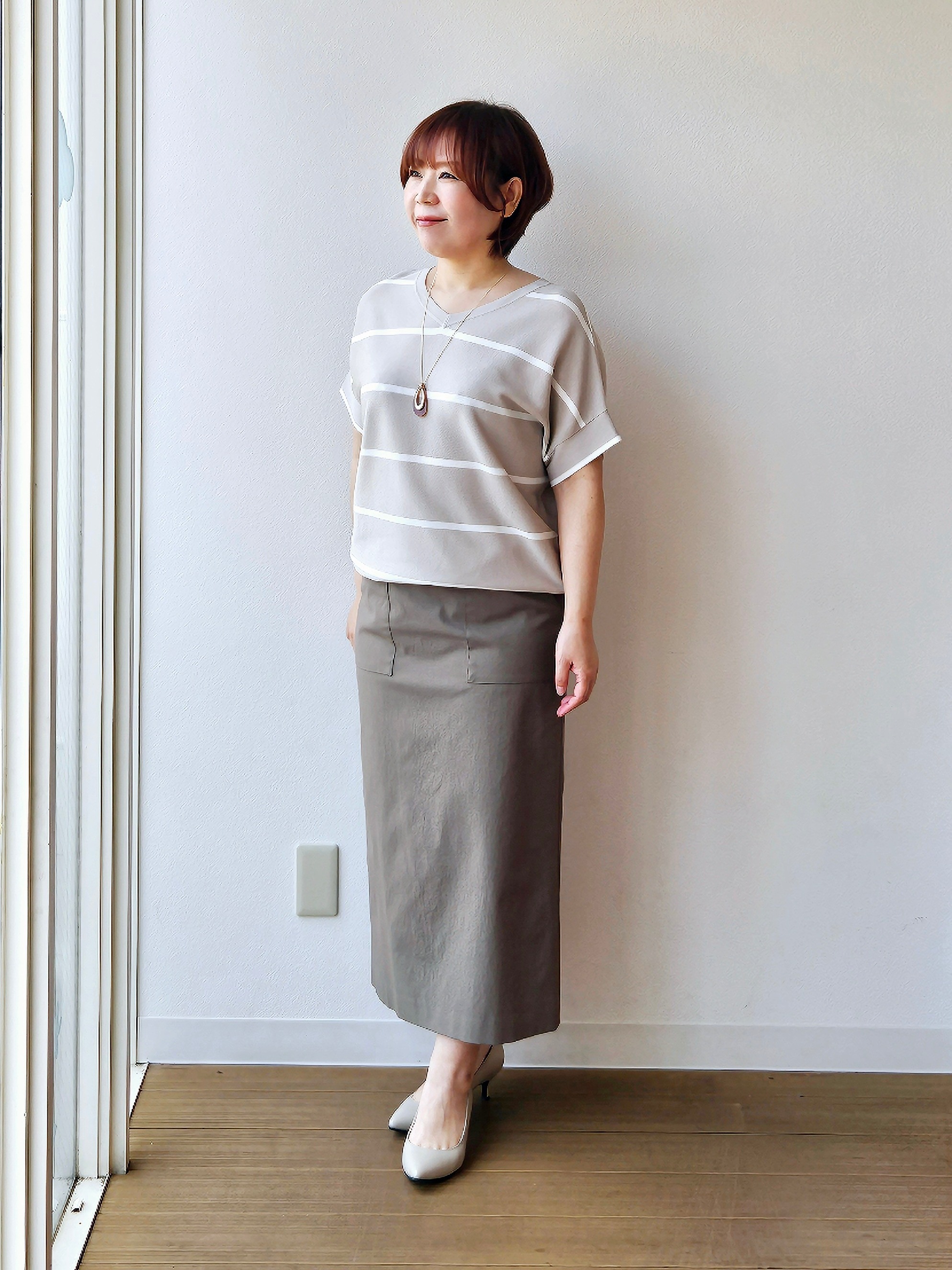 やじまさんの「UNTITLED｜【11色展開/体型カバー】前後2WAYフレンチスリーブニット」を使ったコーディネート