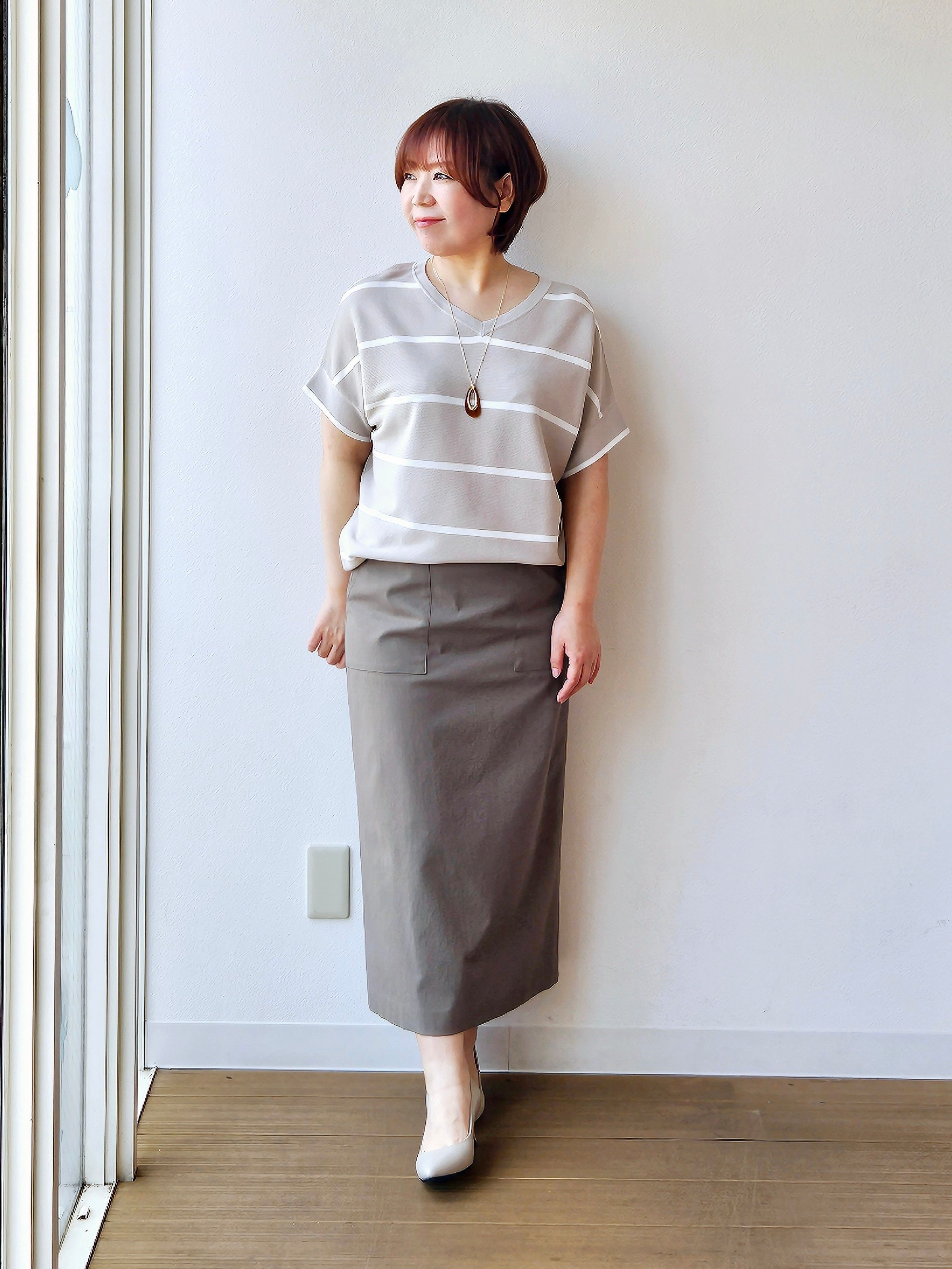 やじまさんの「UNTITLED｜【11色展開/体型カバー】前後2WAYフレンチスリーブニット」を使ったコーディネート