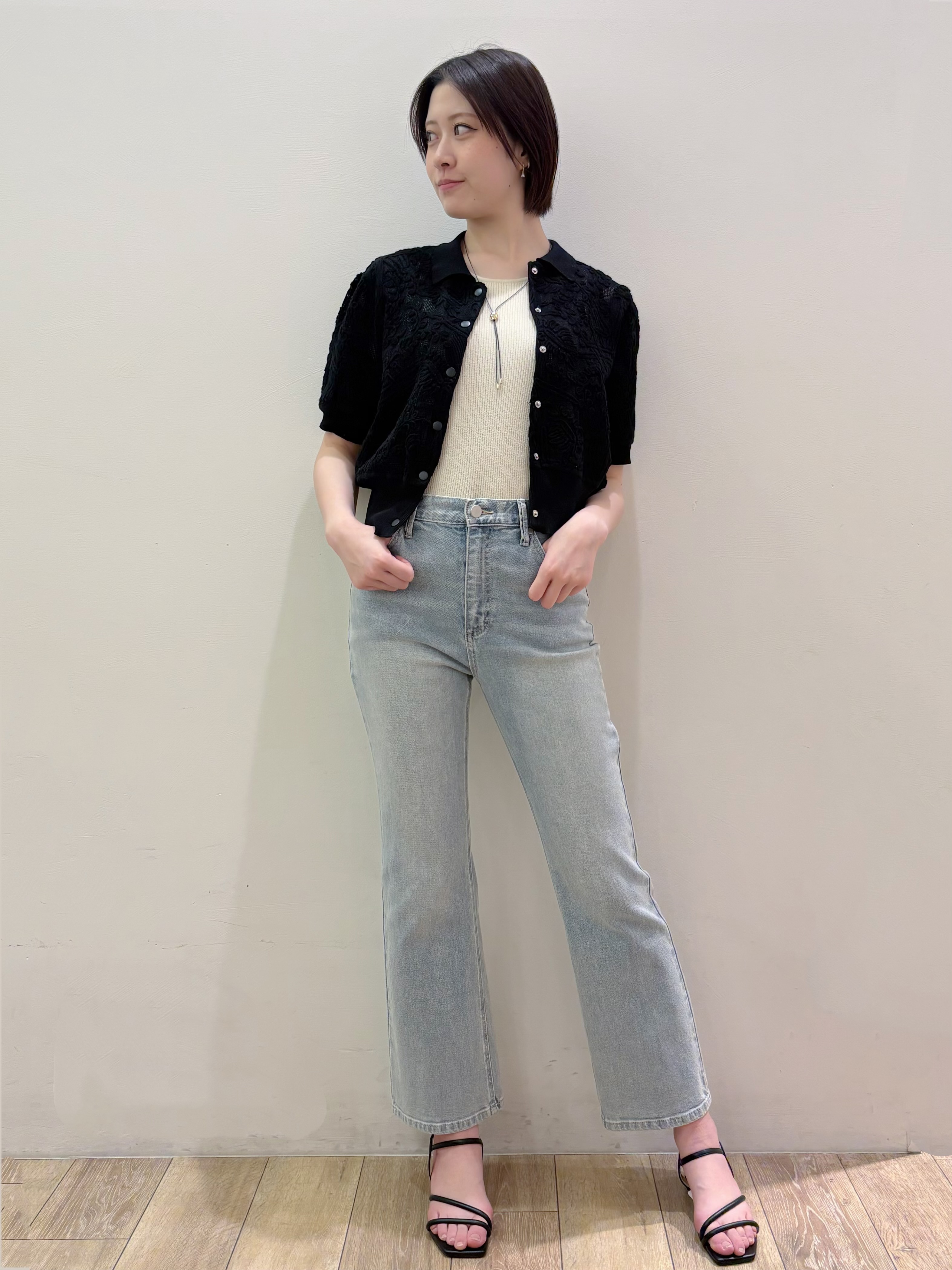 RINさんの「OPAQUE.CLIP｜立体レースポロニットカーディガン【洗濯機OK】」を使ったコーディネート