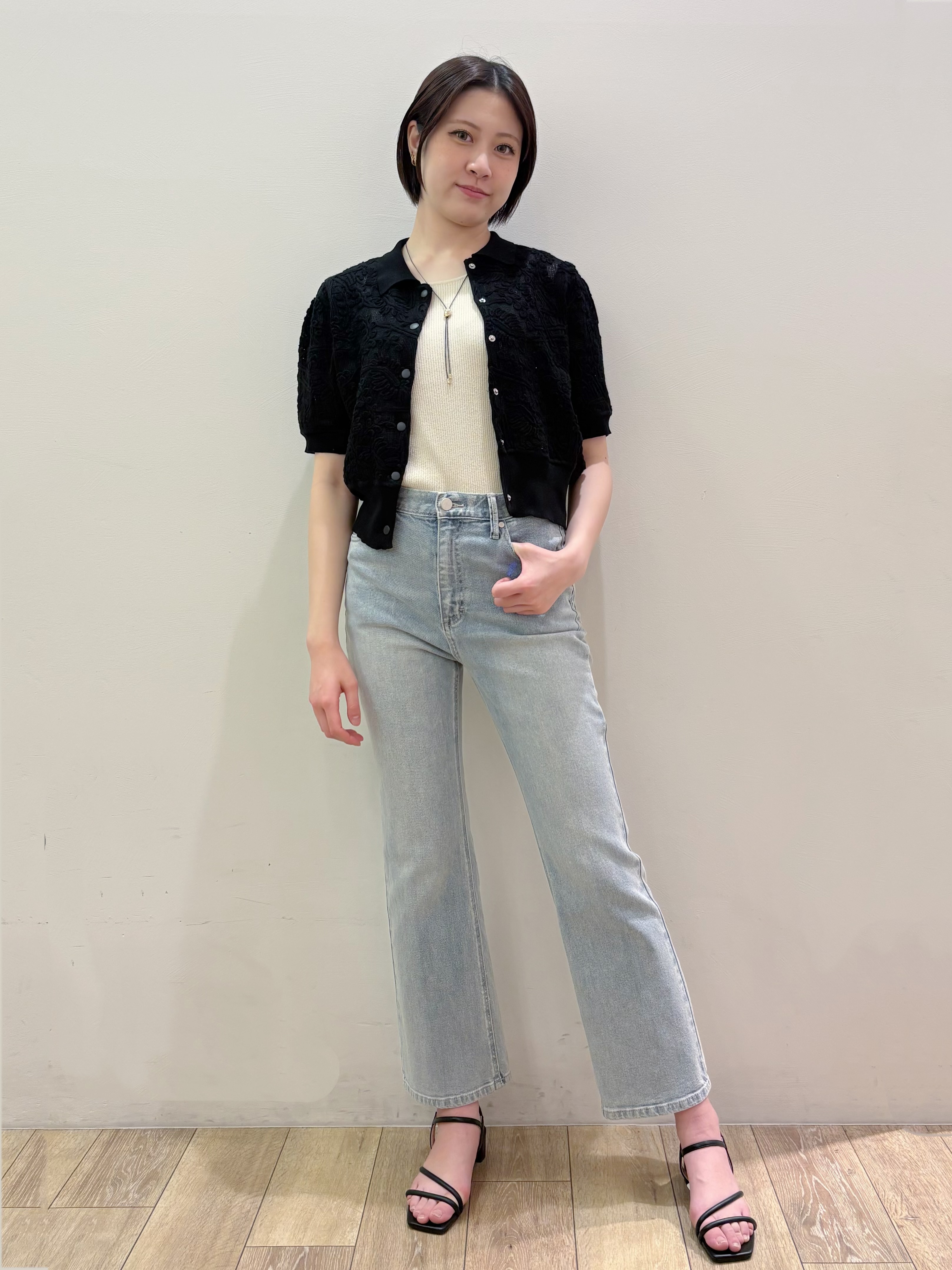 RINさんの「OPAQUE.CLIP｜立体レースポロニットカーディガン【洗濯機OK】」を使ったコーディネート