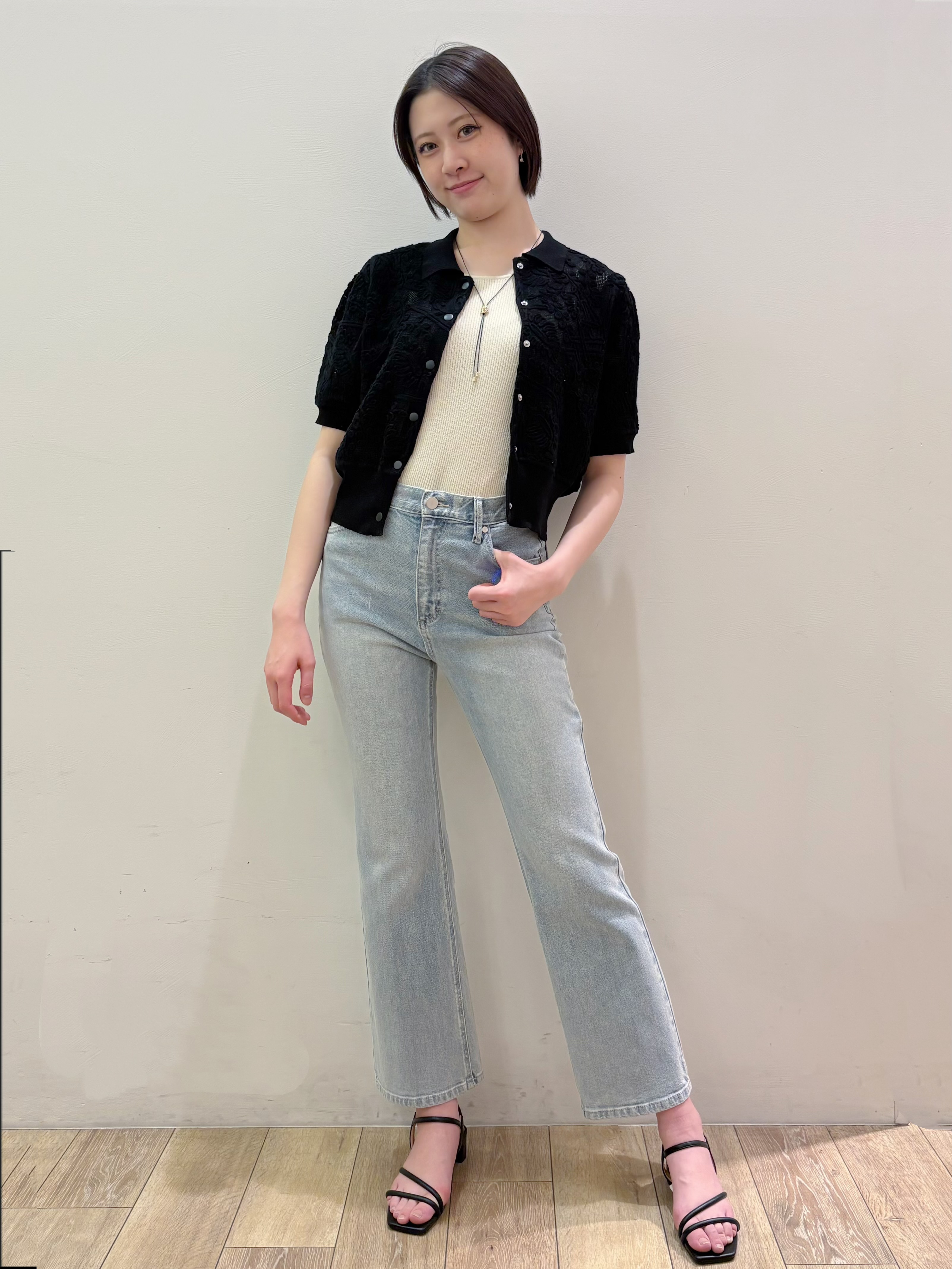 RINさんの「OPAQUE.CLIP｜立体レースポロニットカーディガン【洗濯機OK】」を使ったコーディネート