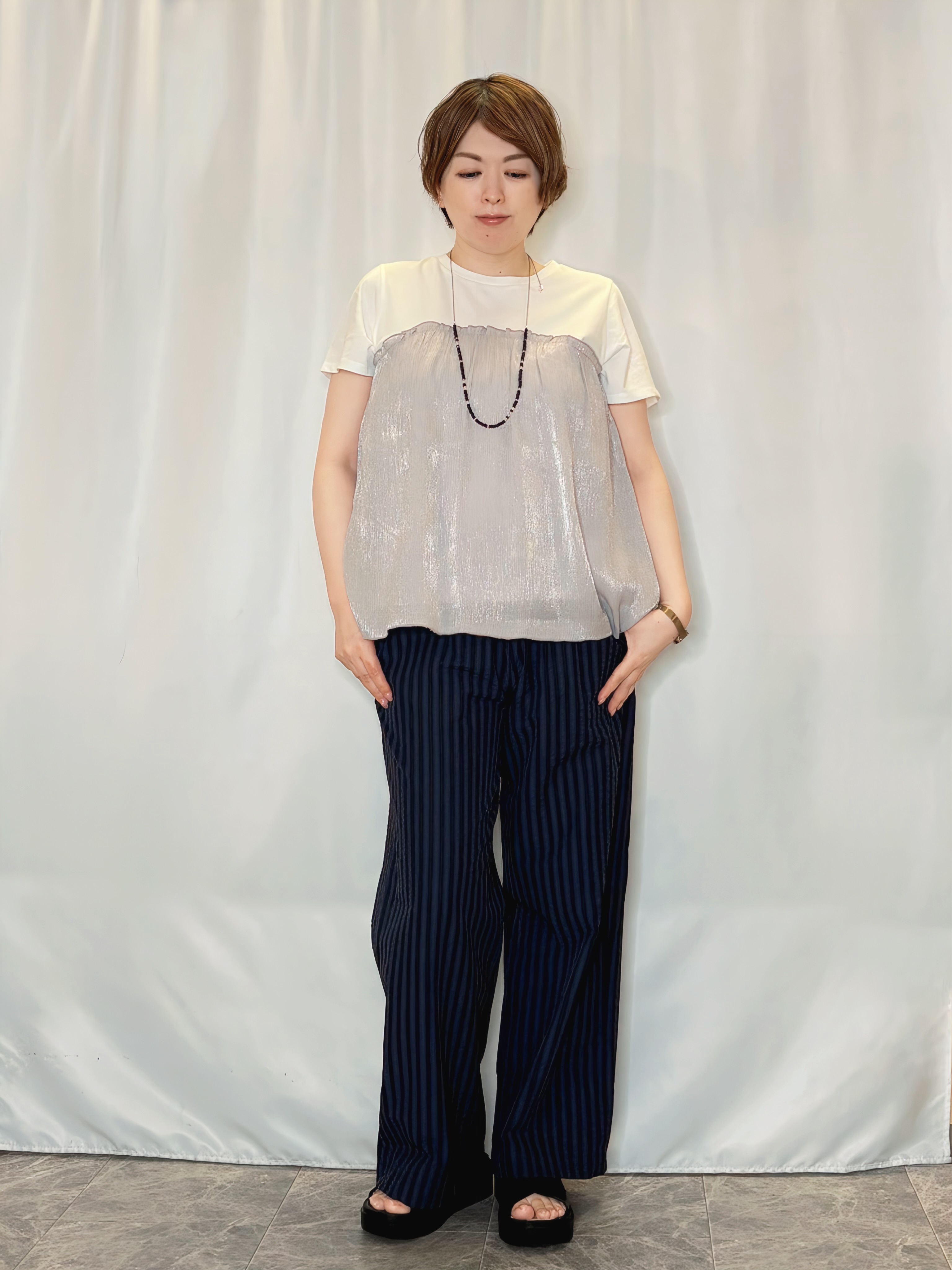 たみさんの「SHOO･LA･RUE｜【S-LL/吸水速乾/セットアップ可】羽織るだけで主役になる サッカーストライプシャツジャケット」を使ったコーディネート