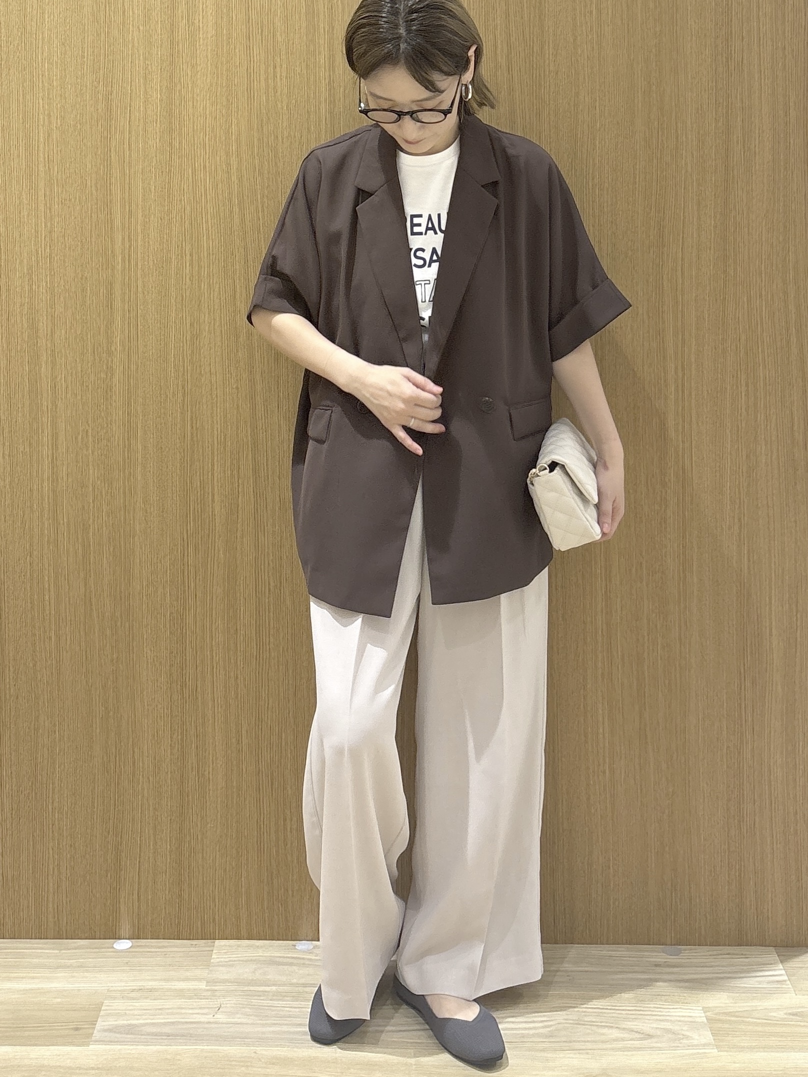 たけねぇさんの「OPAQUE.CLIP｜【接触冷感／吸水速乾／防シワ】リネンライクテーラードジャケット《洗濯機OK》」を使ったコーディネート