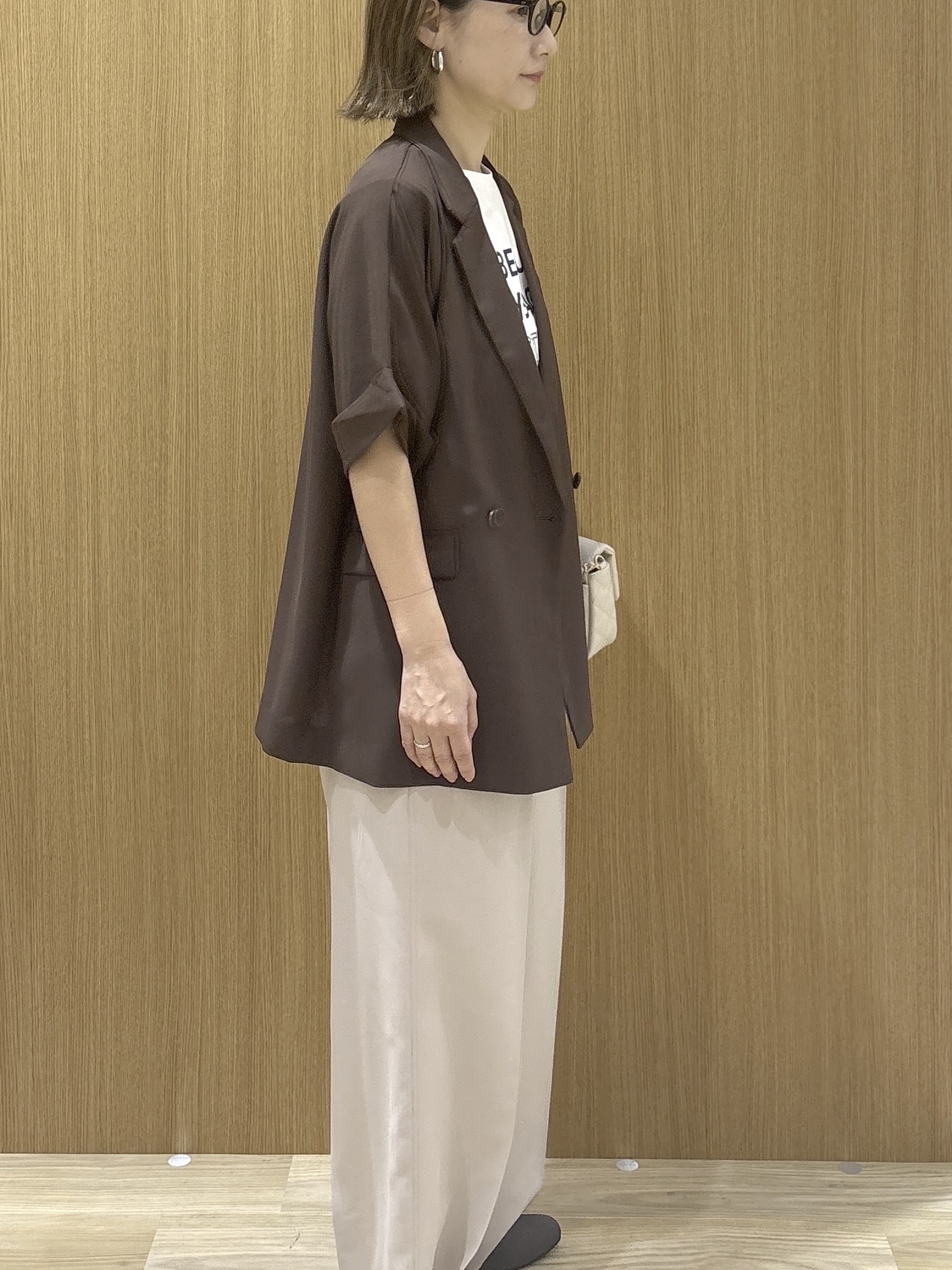 たけねぇさんの「OPAQUE.CLIP｜【接触冷感／吸水速乾／防シワ】リネンライクテーラードジャケット《洗濯機OK》」を使ったコーディネート