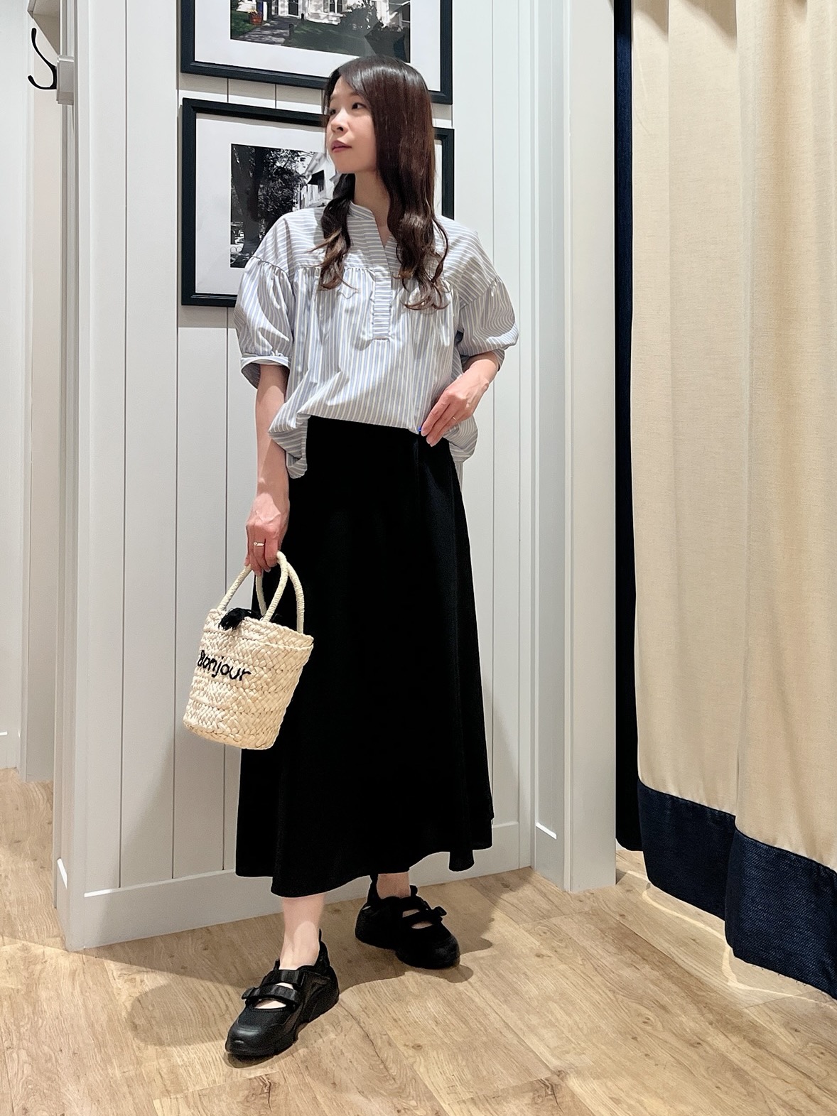 mihoさんの「Dessin｜【洗える】ストライプスキッパーシャツ」を使ったコーディネート