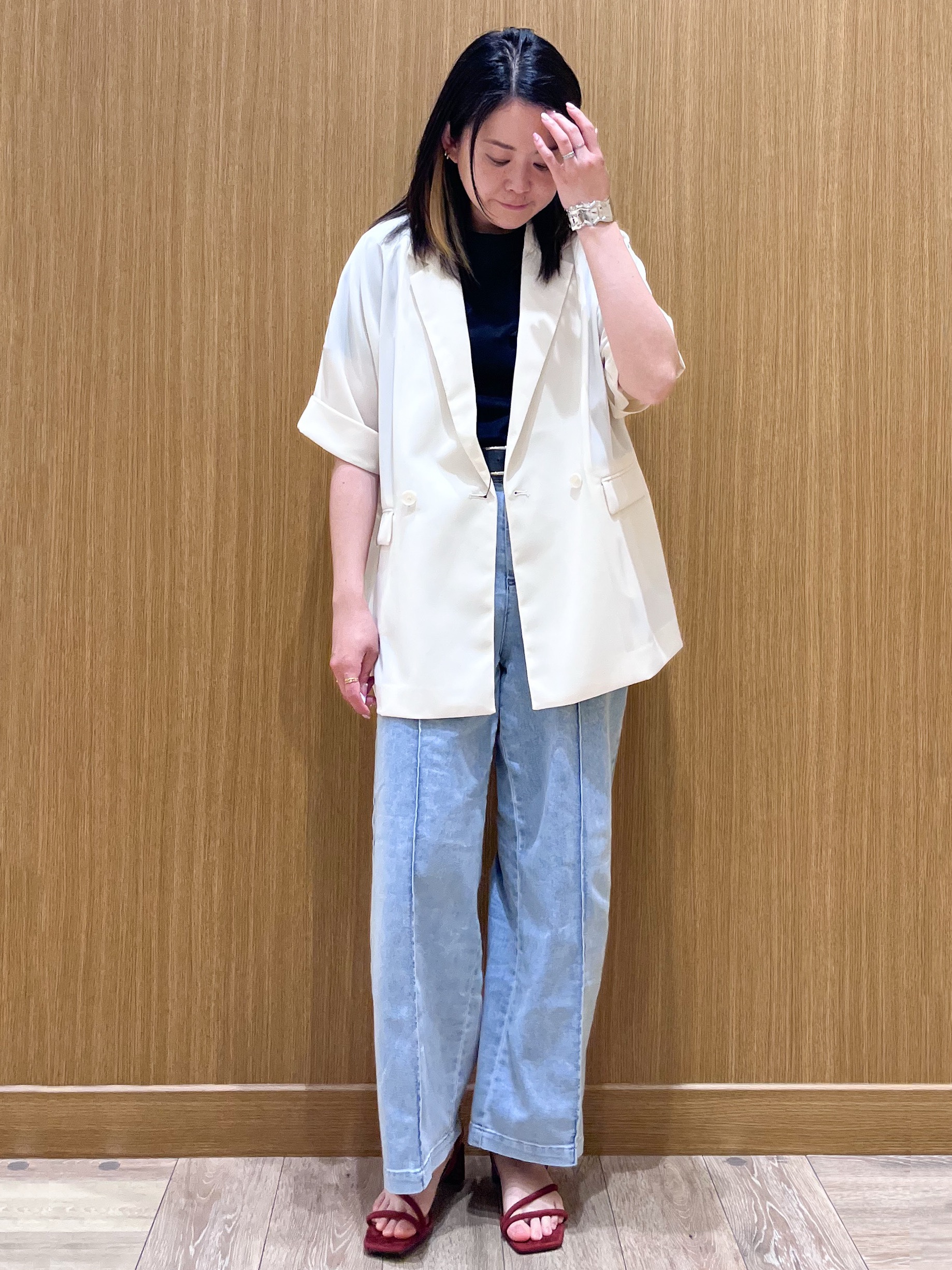 aさんの「OPAQUE.CLIP｜【接触冷感／吸水速乾／防シワ】リネンライクテーラードジャケット《洗濯機OK》」を使ったコーディネート