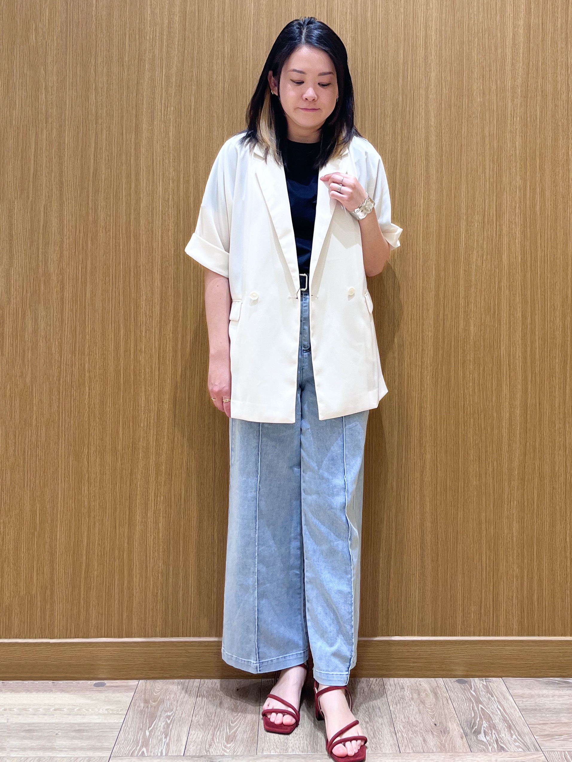 aさんの「OPAQUE.CLIP｜【接触冷感／吸水速乾／防シワ】リネンライクテーラードジャケット《洗濯機OK》」を使ったコーディネート