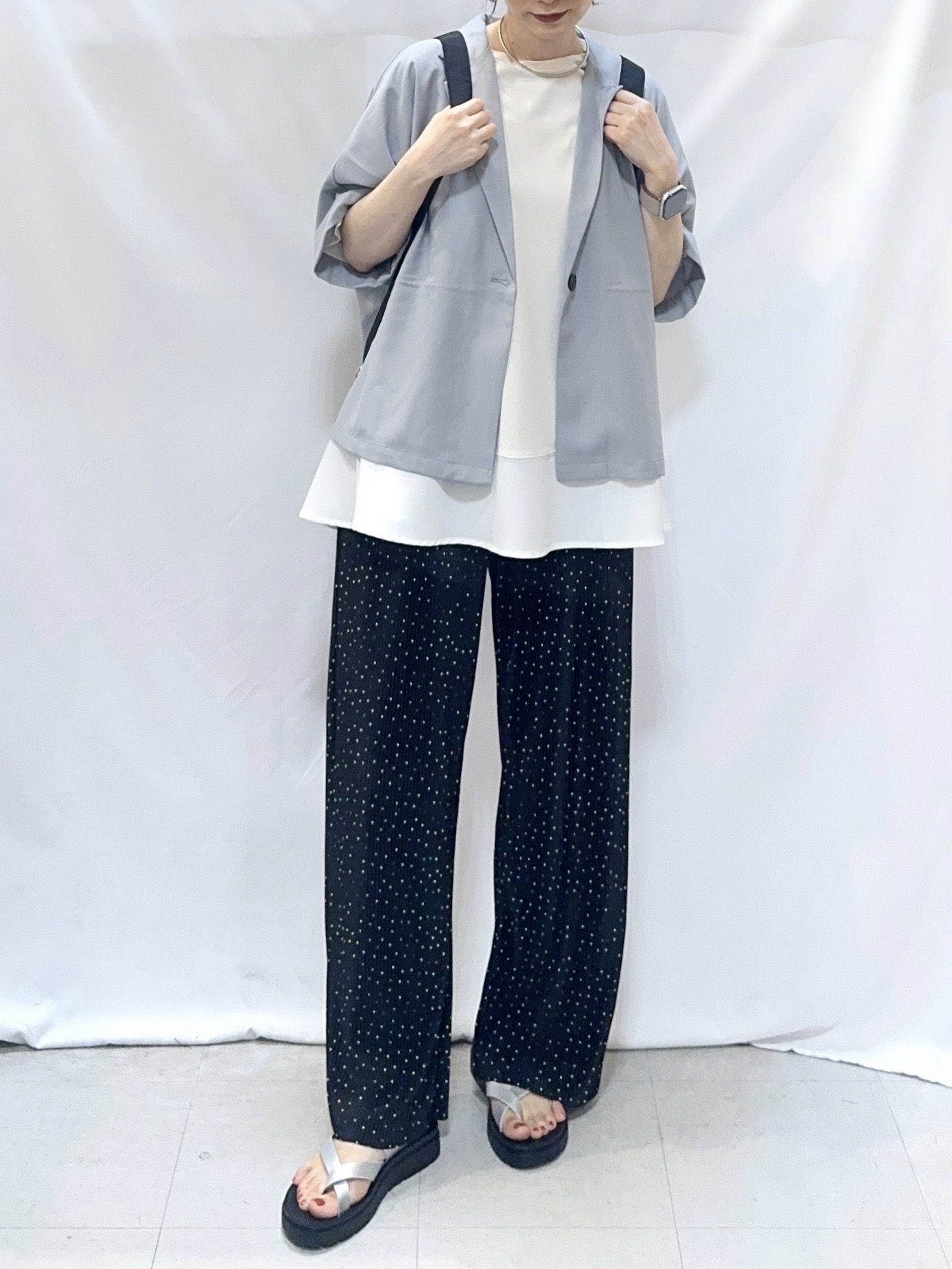 𝐇𝐢𝐫𝐨𝐦𝐢さんの「SHOO･LA･RUE｜【セットアップ可/洗濯後しわになりにくい/S-LL】半袖とろみテーラードジャケット」を使ったコーディネート