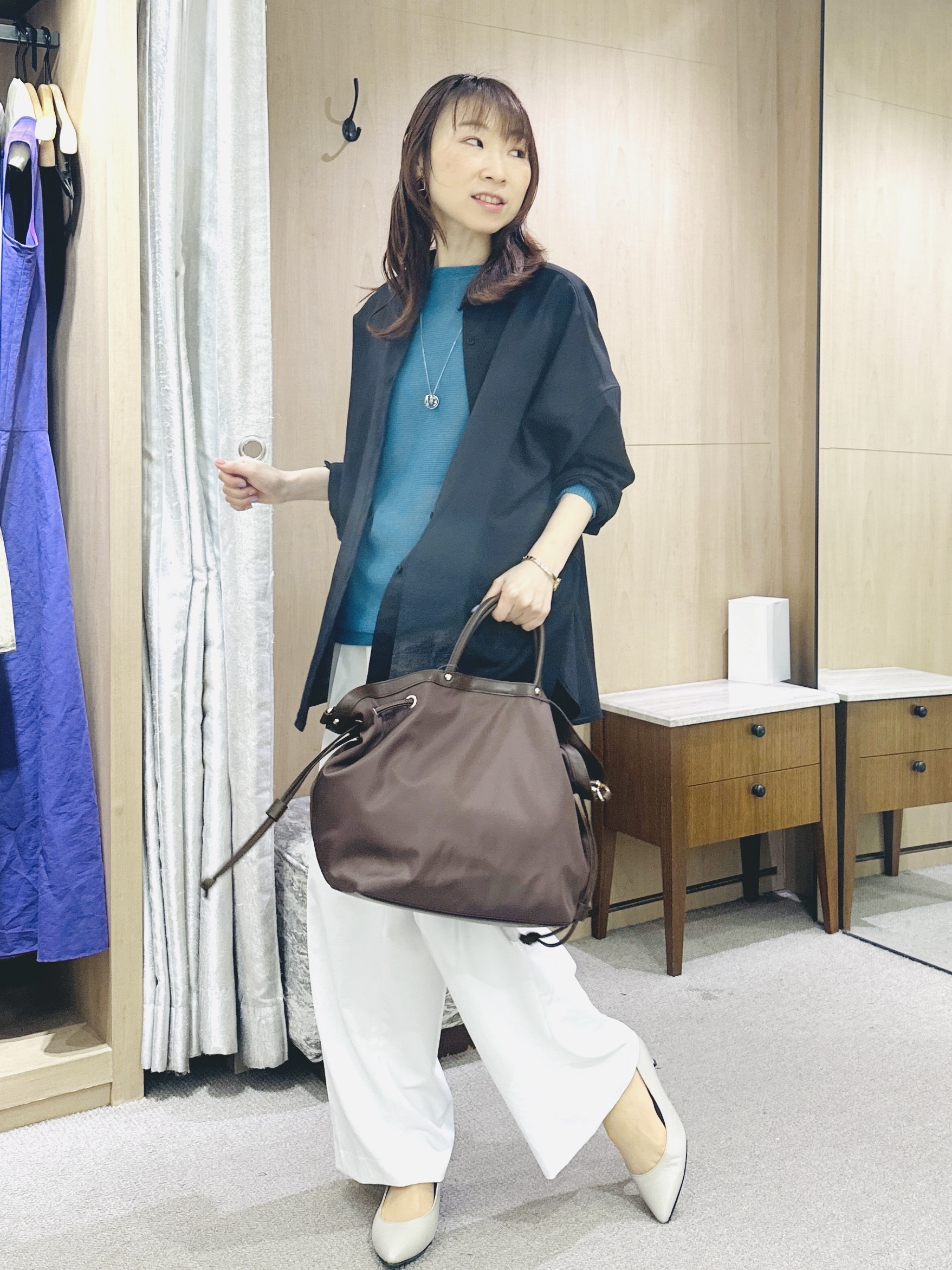 Miwaさんの「UNTITLED｜【8色展開/程よい透け感】ドライタッチボートネックニット」を使ったコーディネート