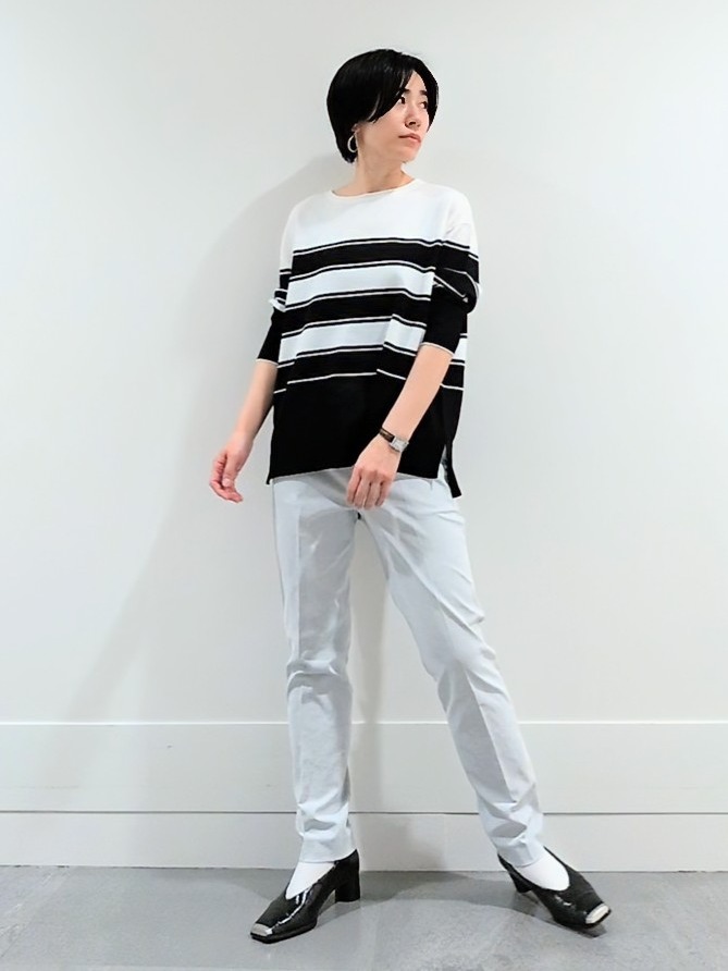 ミズタさんの「UNTITLED｜◆【洗える/ゆったり】ボーダーボートネックニット」を使ったコーディネート