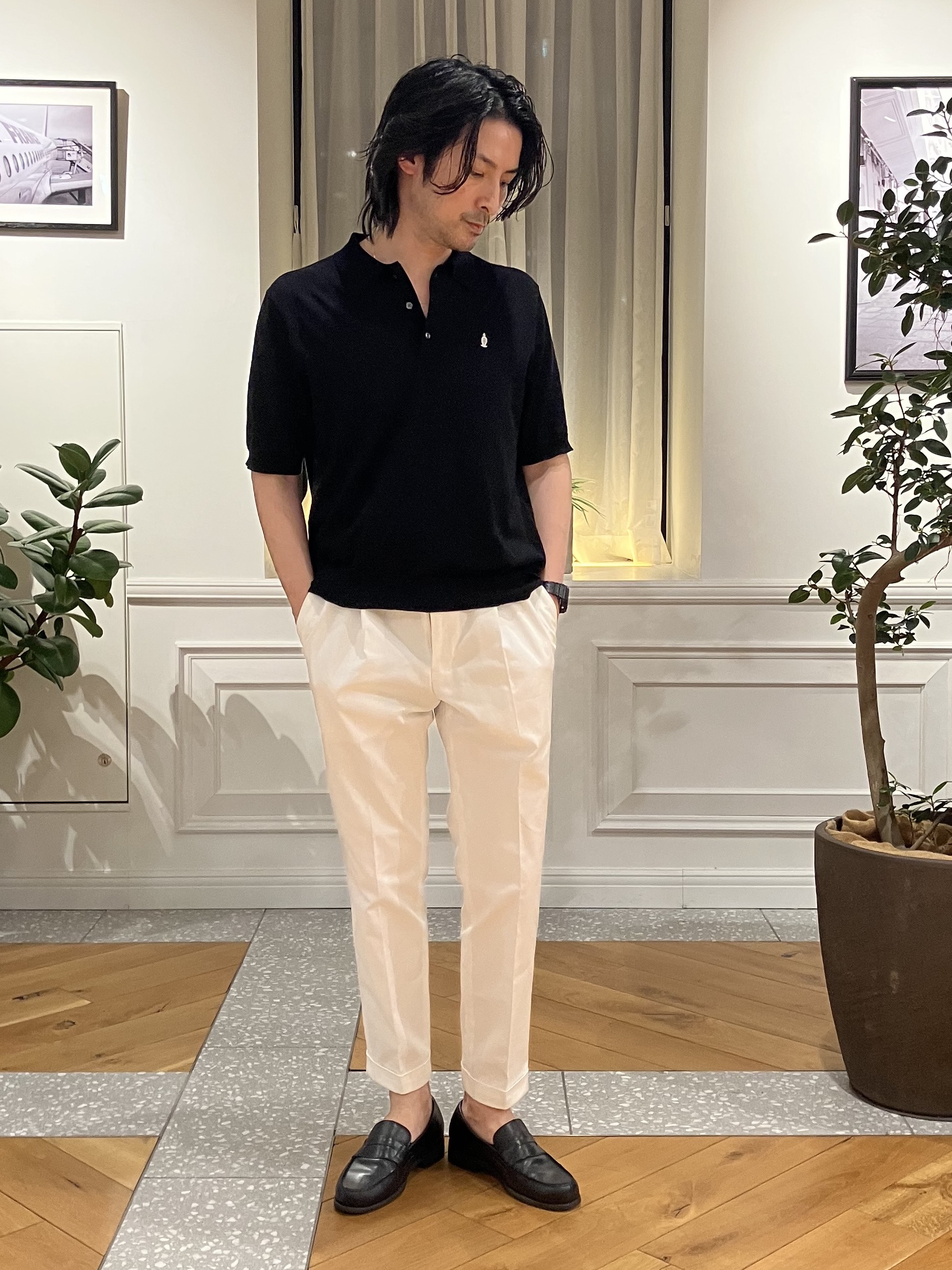 junyaさんの「DRESSTERIOR｜【ウォッシャブル】コットンシルク混 ニットポロシャツ」を使ったコーディネート