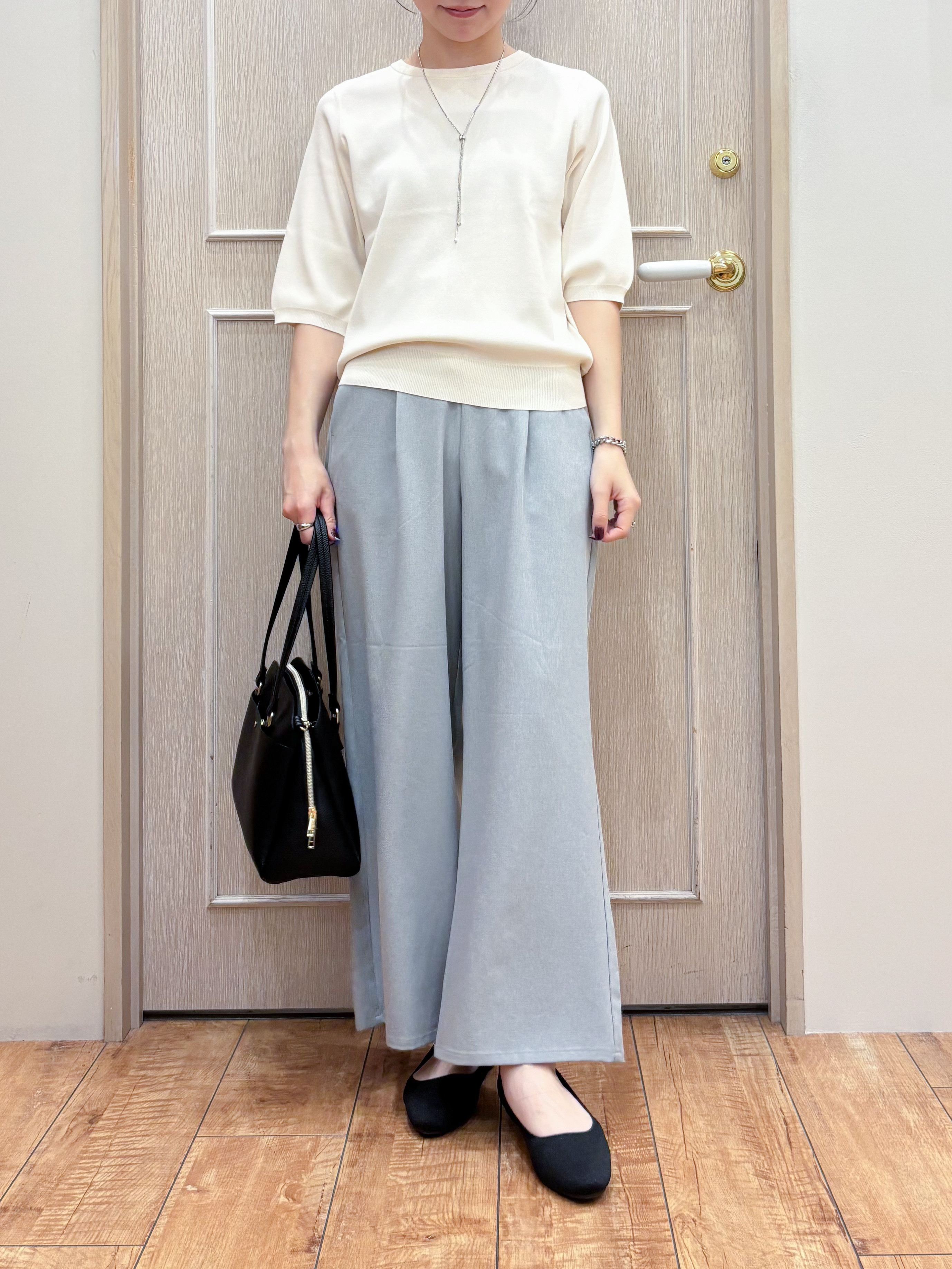 なみさんの「SHOO･LA･RUE｜【毎日洗える/S-LL/UV】上半身すっきり 二の腕見せない5分袖ニット」を使ったコーディネート