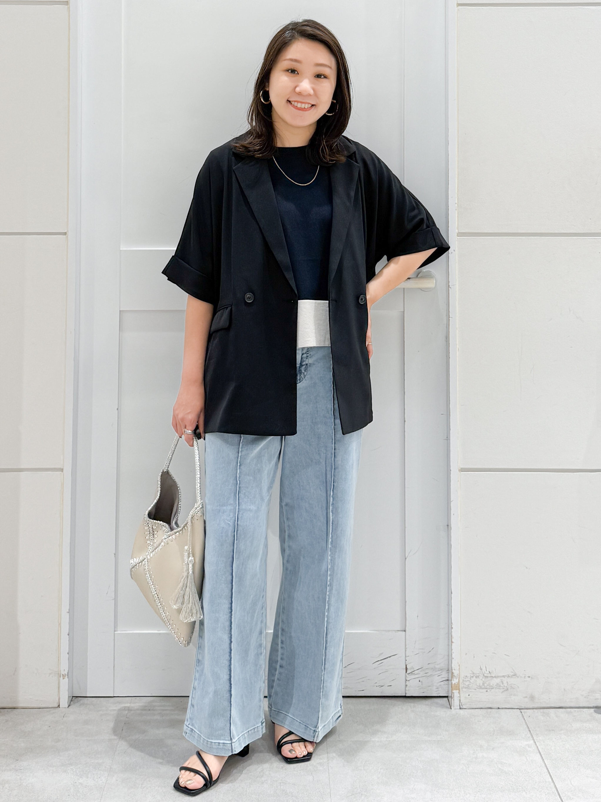 yuka.aさんの「OPAQUE.CLIP｜【接触冷感／吸水速乾／防シワ】リネンライクテーラードジャケット《洗濯機OK》」を使ったコーディネート