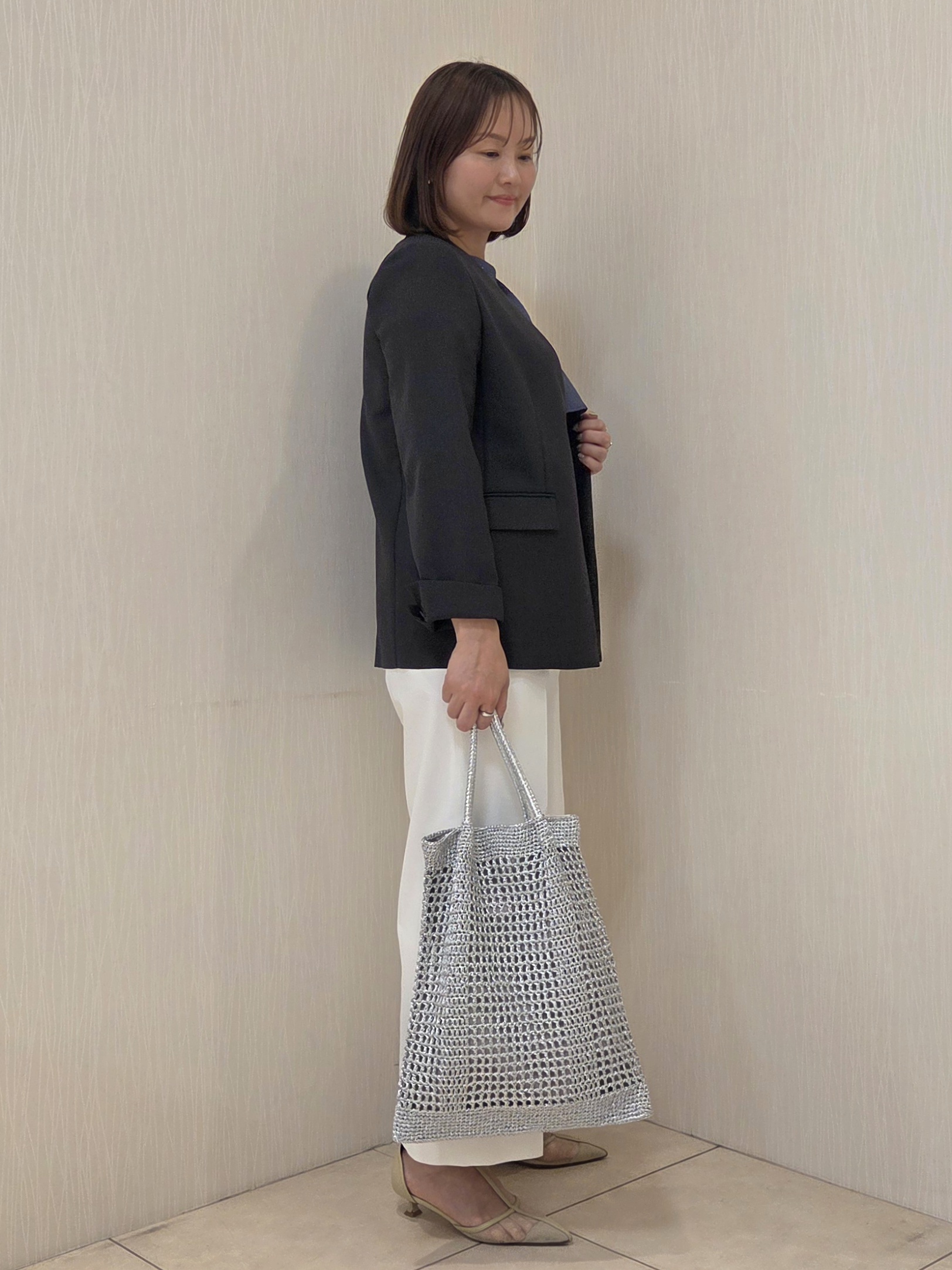 naokoさんの「UNTITLED｜◆【さらりと快適/セットアップ可/UV/接触冷感】スラブカラーレスジャケット」を使ったコーディネート