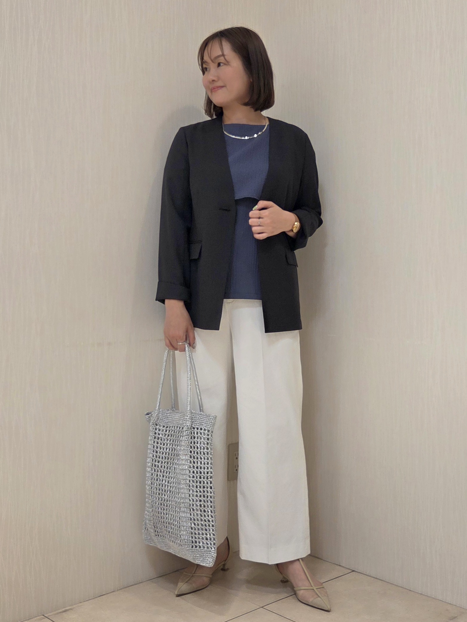 naokoさんの「UNTITLED｜◆【さらりと快適/セットアップ可/UV/接触冷感】スラブカラーレスジャケット」を使ったコーディネート